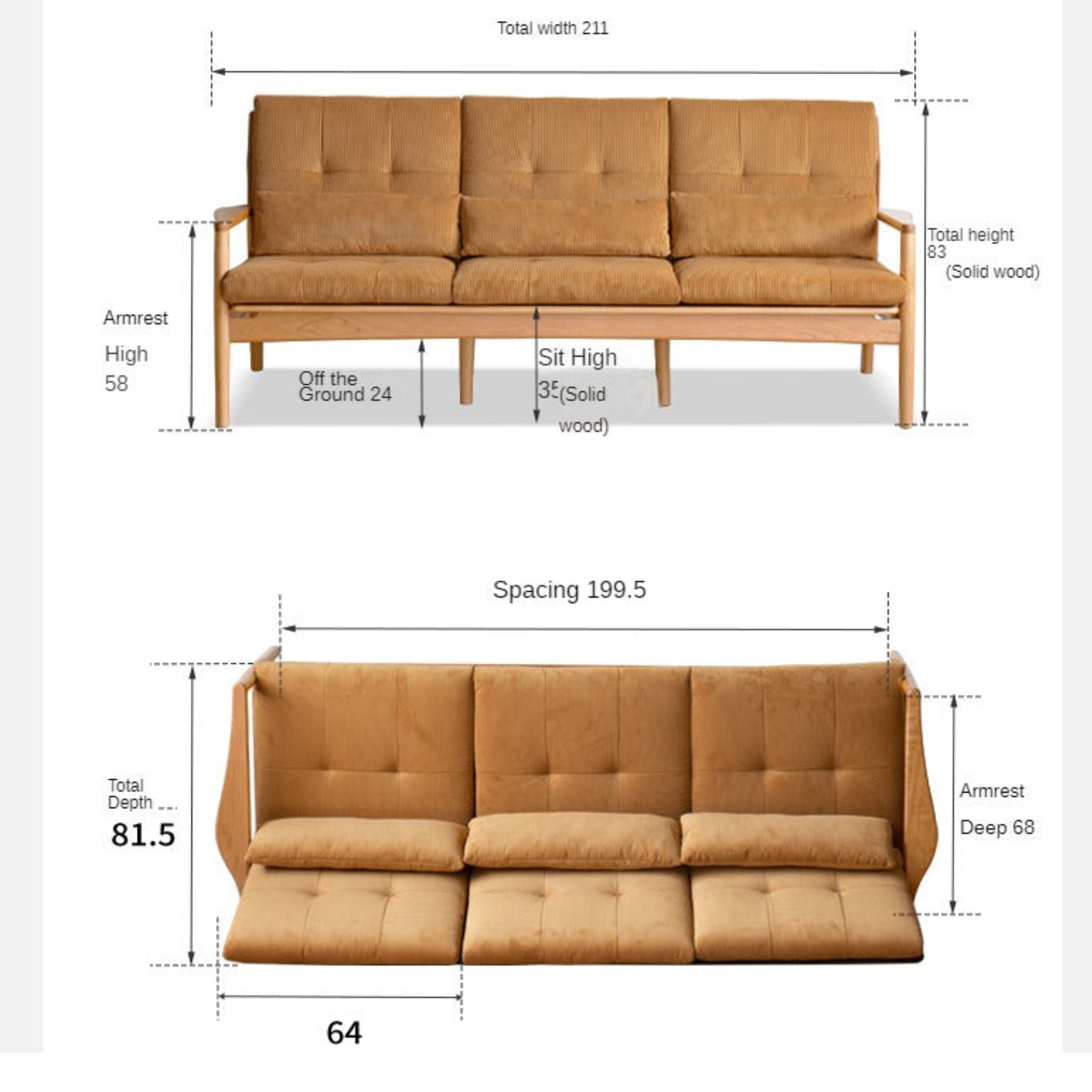 Vintage Oak Solid Wood Rattan Sofa - Convertible 2-in-1 Couch & Daybed for Living Room, Bedroom or Patio