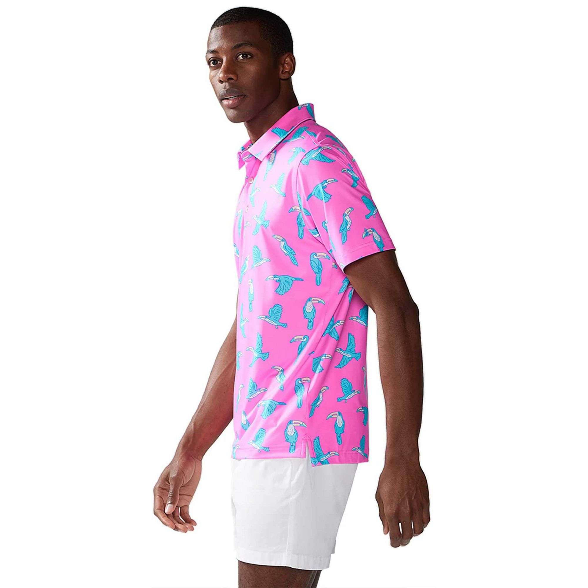 Chubbies The Toucan Do It Performance Polo Shirt for Men - Moisture Wicking, Breathable & UV Protection - Bright Pink - Perfect for Golf, Tennis & Casual Summer Outings