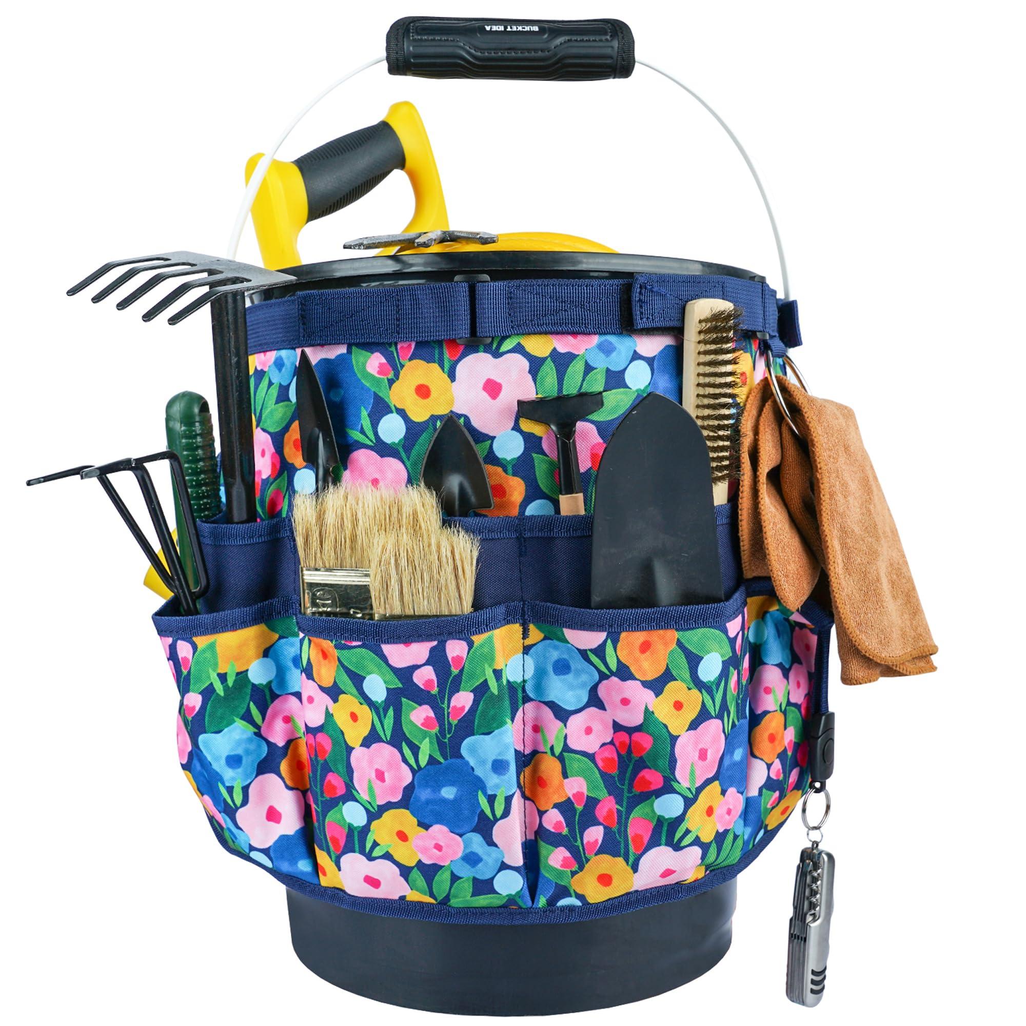 MELOTOUGH Bucket Organizer for Garden Tools - Fits 3.5 to 5 Gallon Buckets, Heavy Duty Tool Holder with Blue Flower Design - Perfect for Gardening, DIY Projects & Workshop Organization