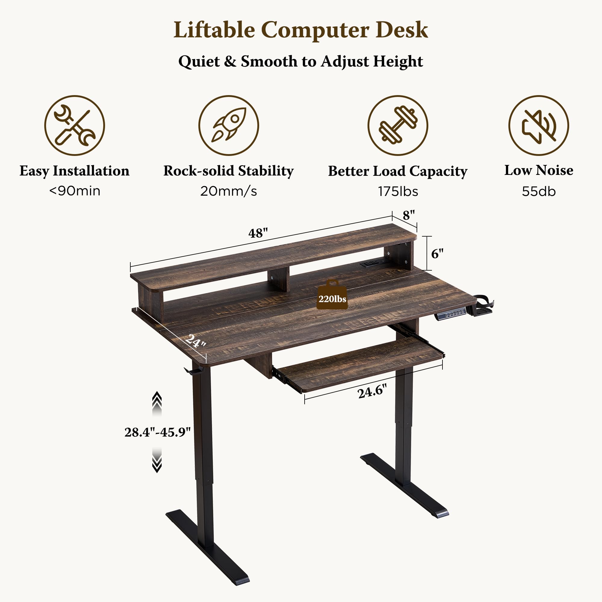 RedLemon 48 Inch Electric Standing Gaming Desk - Height Adjustable Computer Desk with Power Outlets, LED Lights, Keyboard Tray & Monitor Shelf - Dark Rustic Oak Finish for Home Office & Gaming Setup