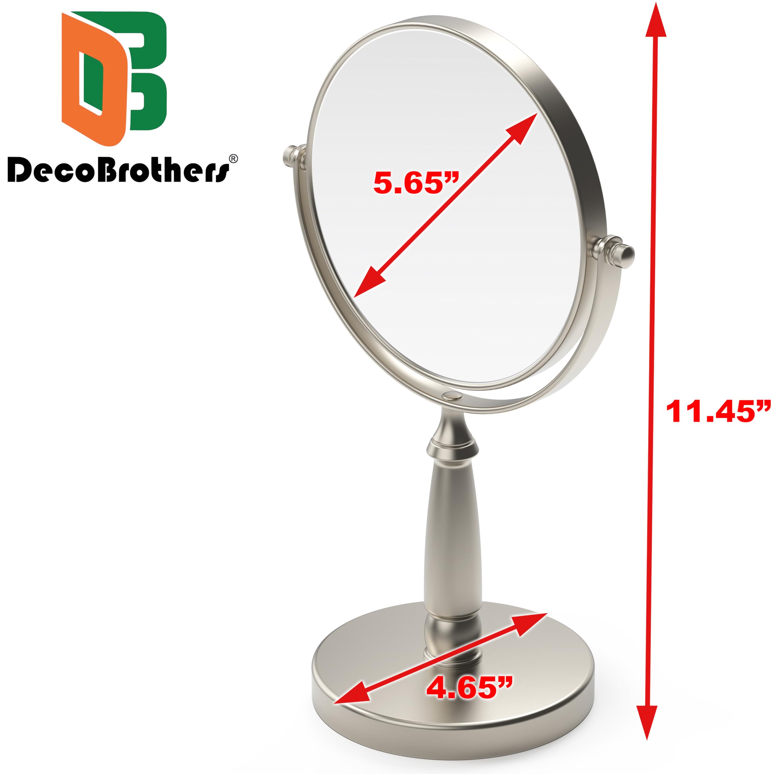 Deco Brothers 5.65-Inch Double Sided Vanity Mirror with Stand - 8X Magnification, Nickel Finish - Perfect for Makeup, Skincare & Grooming at Home or Salon