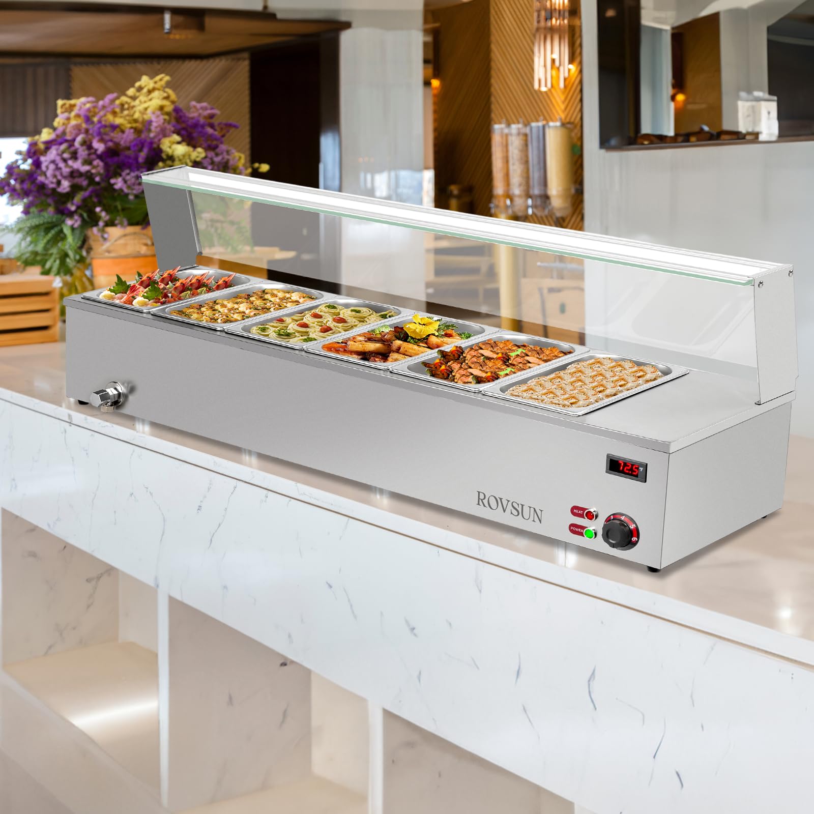 ROVSUN 48QT Electric Commercial Food Warmer - 6-Pan Stainless Steel Steam Table with Temperature Control & Acrylic Shield (1500W, 110V) | Perfect for Buffet, Party Catering, Restaurants, and Cafeterias