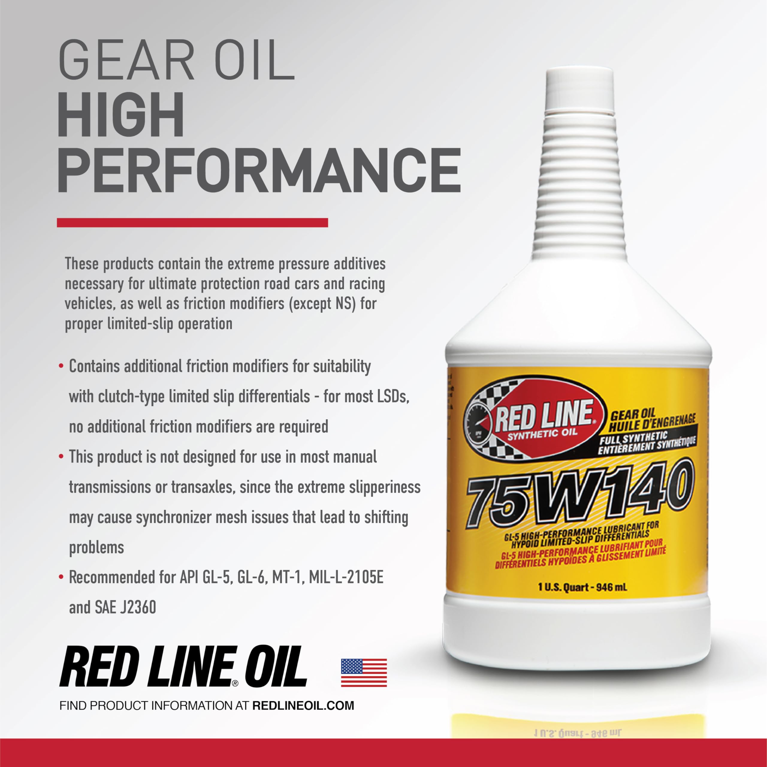 Red Line 57914 75W140 GL-5 Full Synthetic Gear Oil for Hypoid & Limited Slip Differentials - High Performance Lubricant - 1 Quart (4 Pack) - Ideal for Off-Road Trucks, Racing Cars & Heavy-Duty Vehicles