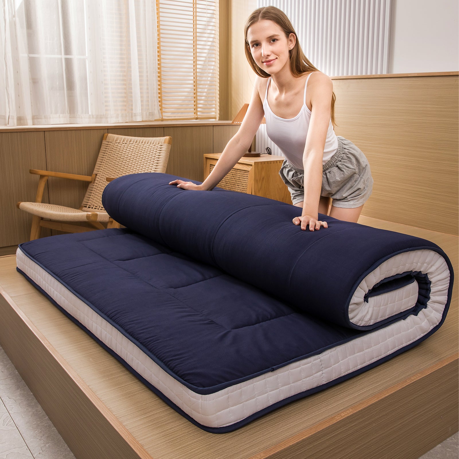 MAXYOYO Japanese Floor Futon Mattress - Thick Padded & Portable Navy Blue Floor Bed for Guest Room, Dorm, Camping & Travel