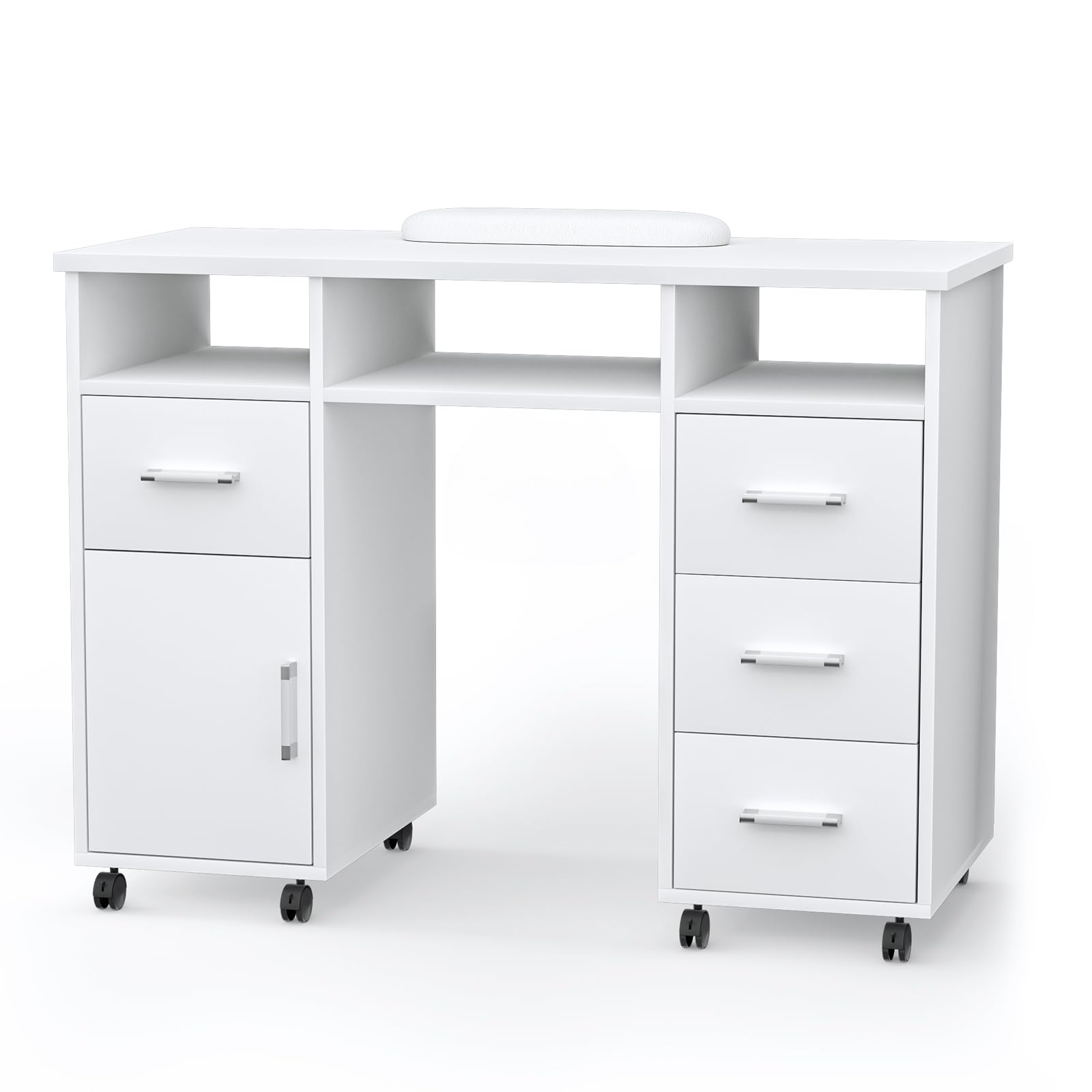 Professional Nail Tech Table with Lockable Wheels - Acetone Resistant Manicure Station with 4 Drawers, 1 Cabinet & 3 Open Storage - Portable Nail Salon Desk for Home & Professional Use (White) - Perfect for Nail Artists, Salons & Mobile Services