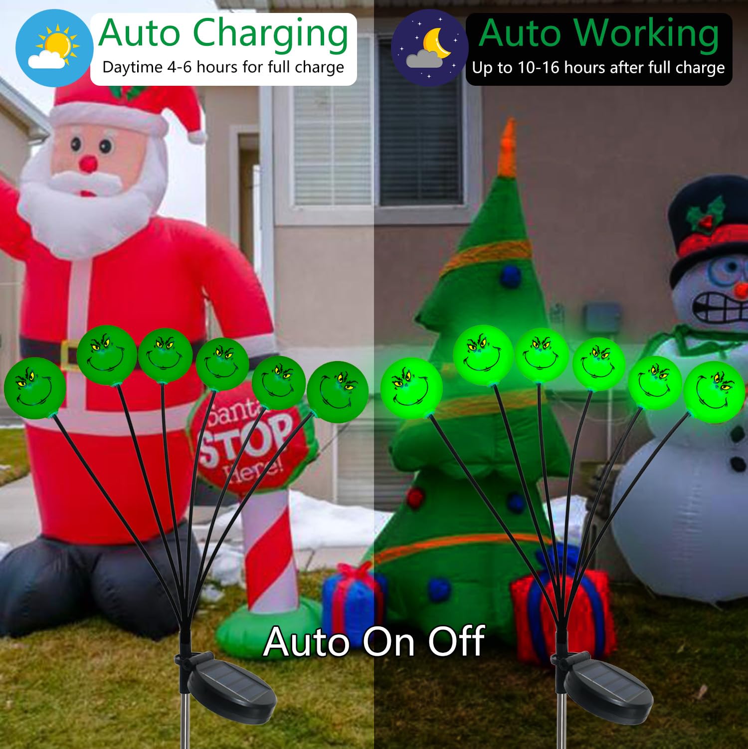 Upgraded 2-Pack Solar Grinch Christmas Decorations - 12 LED Swaying Firefly Lights for Outdoor Pathway, Garden, Patio & Yard - Waterproof Solar-Powered Grinchmas Decor for Holiday Lighting (Perfect for Christmas Party, Front Yard Display & Festive Nighttime Ambiance)