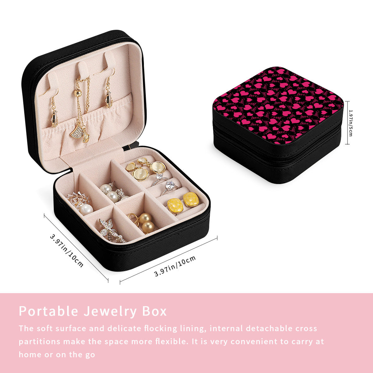 Pink Hearts Travel Jewelry Box - Portable Organizer for Necklaces, Rings & Earrings | Perfect for Vacation, Business Trips & Gifts