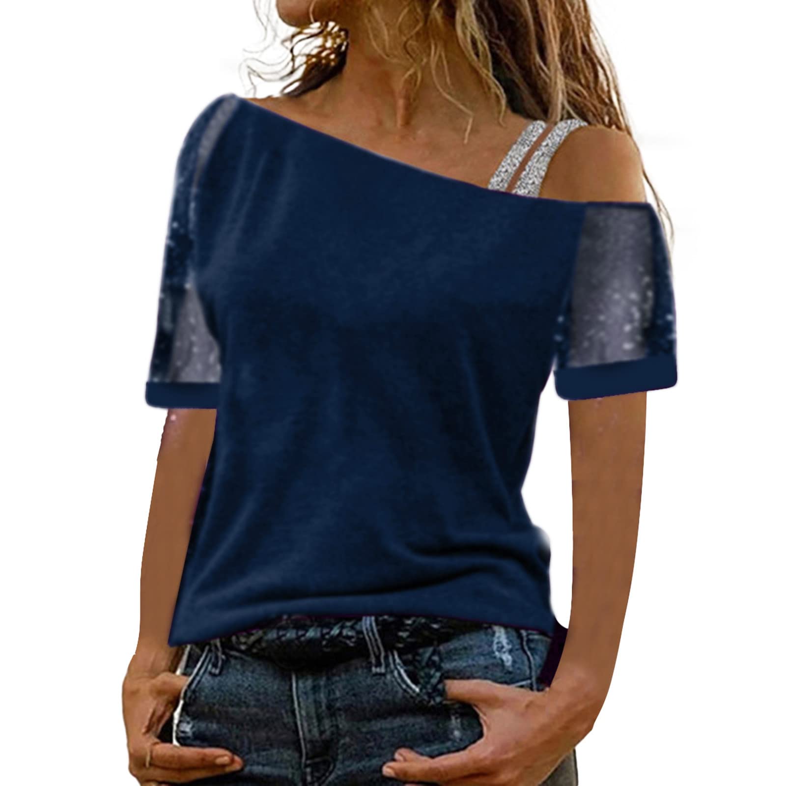 Women's Oversized Off Shoulder T-Shirt - Sexy Elegant Solid Glitter Short Sleeve Top for Casual Wear, Date Night & Party Outfits