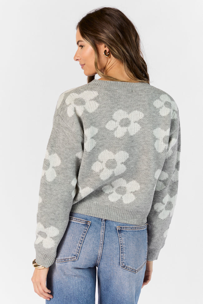 Heather Grey Floral Knit Sweater for Women - Cozy Fall & Winter Pullover - Perfect for Casual Outings & Layering