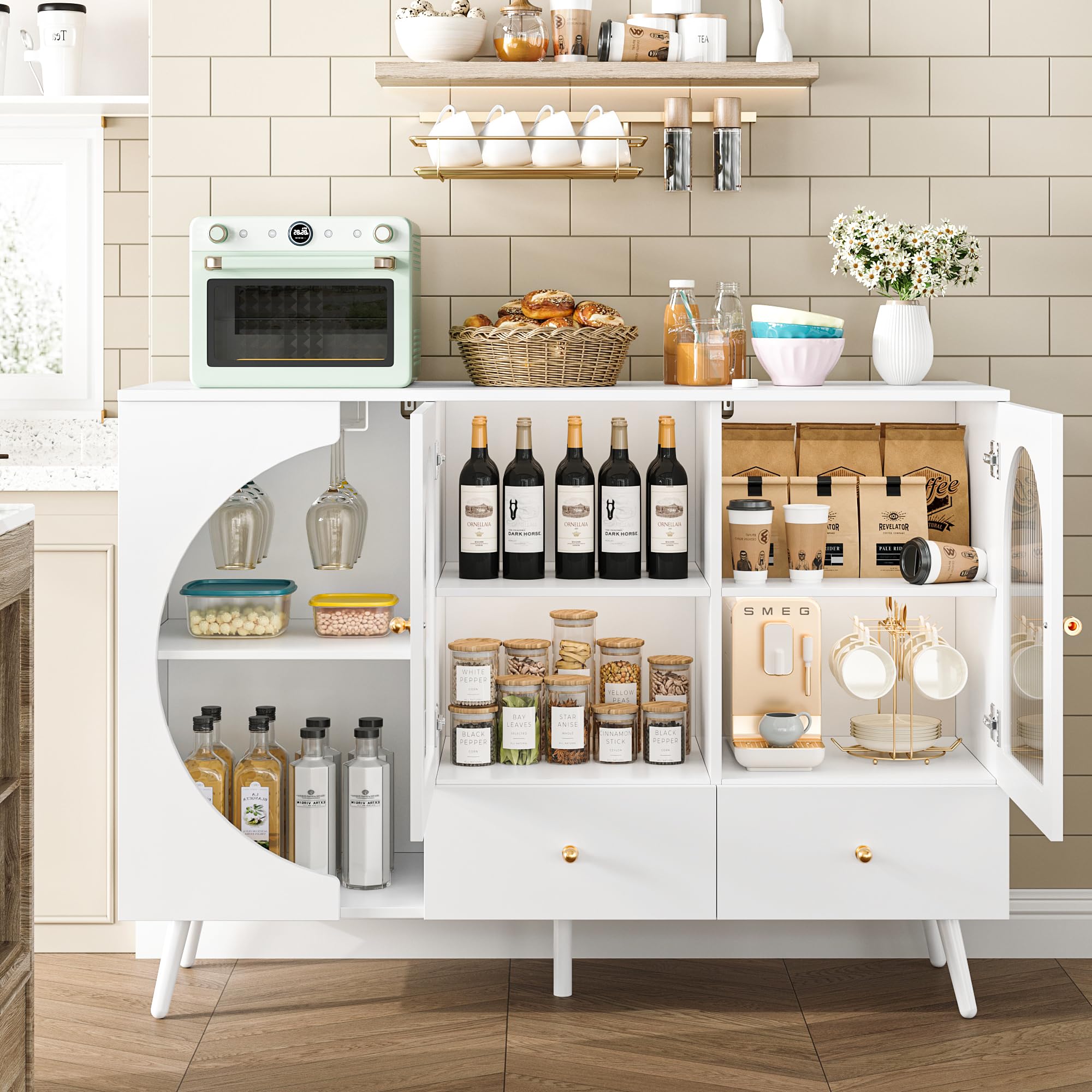 Modern White Coffee Bar Cabinet with 2 Drawers & Fluted Glass Door - Buffet Sideboard for Wine Storage, Perfect for Kitchen, Dining Room & Living Room - Stylish Home Bar Furniture for Entertaining Guests