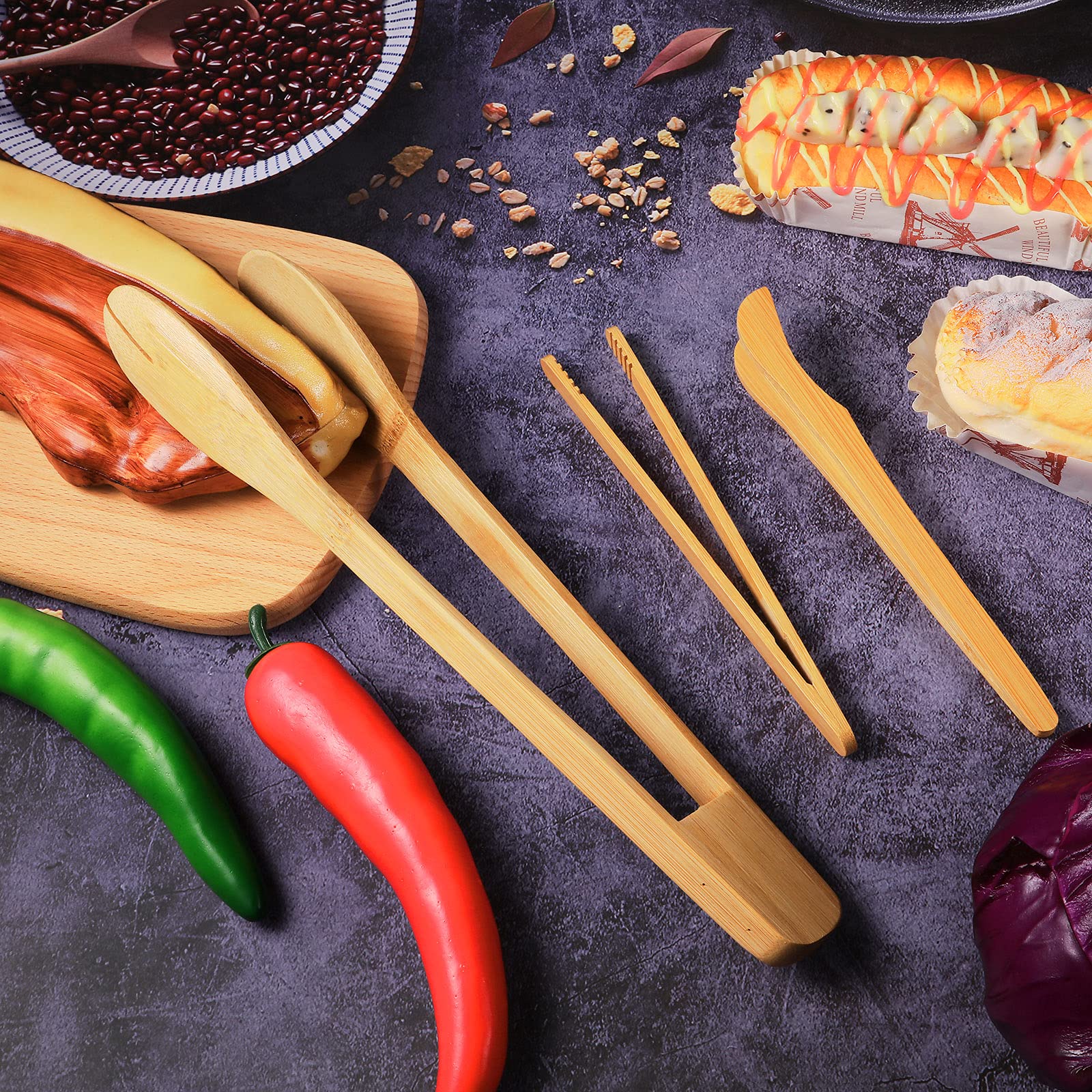 Zopeal 6-Piece Bamboo Kitchen Tongs Set - Long Wooden Cooking Tongs for Toast, Bacon, Cheese, Fruits & Bread - Perfect for BBQ, Baking & Serving