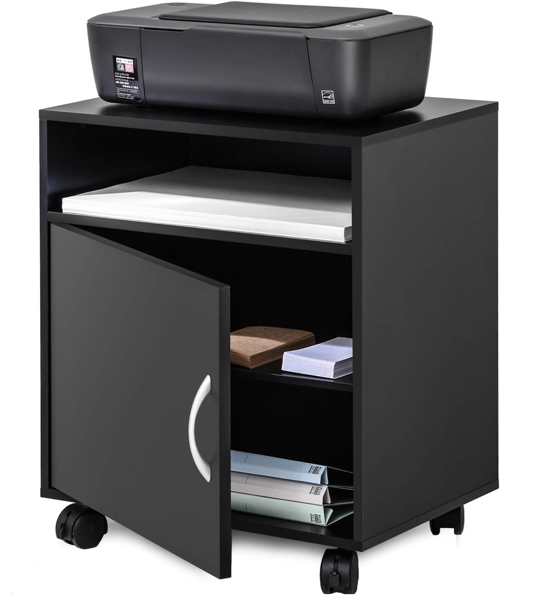 FITUEYES Adjustable Mobile Printer Stand with LED Light Strip - Rolling Wooden Work Cart with Storage Shelves & Door - Black Home Office Organizer for Printer, Scanner & Supplies - Perfect for Small Spaces & Workspaces