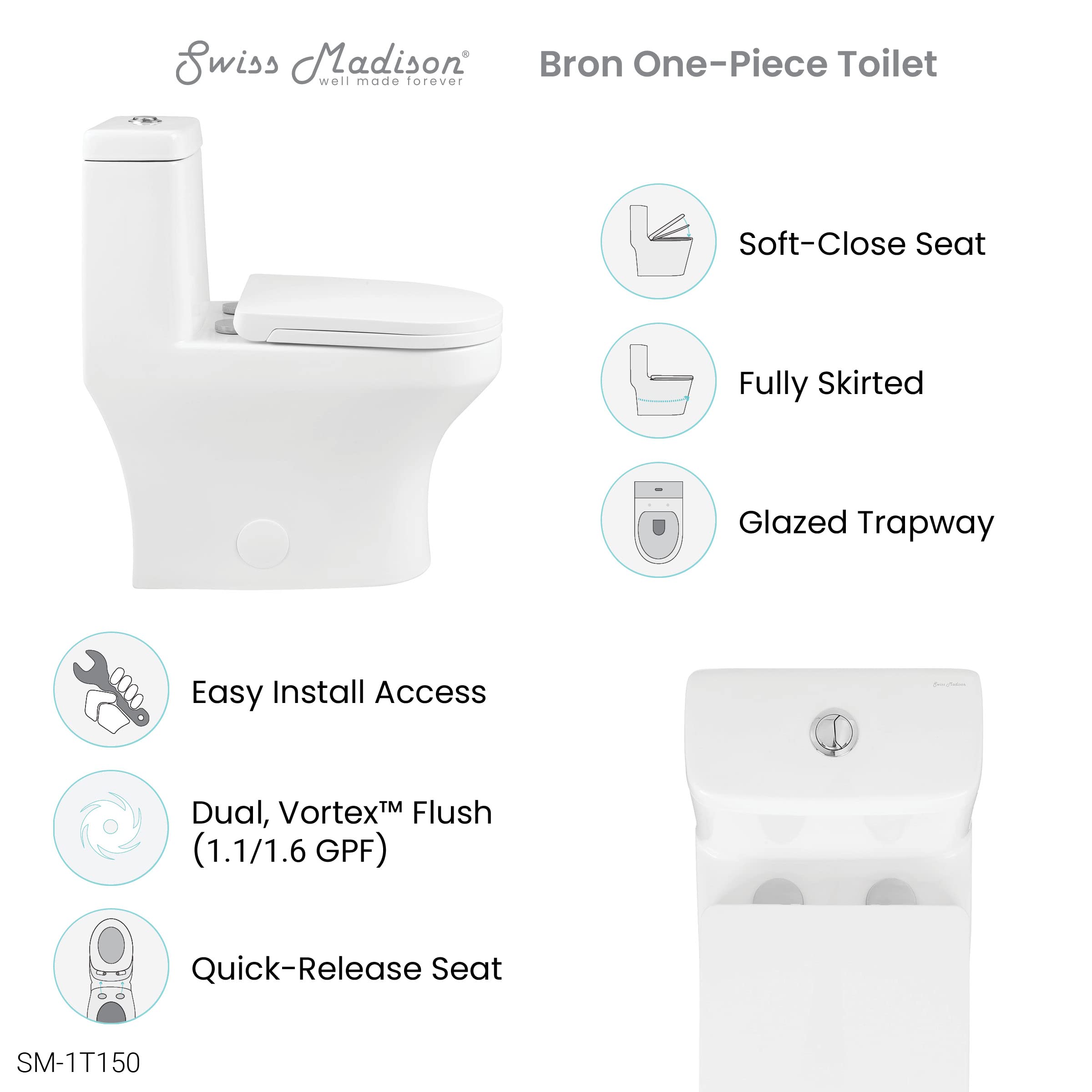 Bron One-Piece Elongated Toilet with Dual Vortex Flush Technology | 1.1/1.6 GPF Water Efficient | Perfect for Modern Bathrooms & Small Spaces