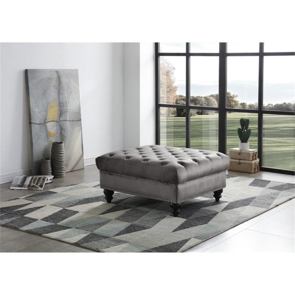 Nola Velvet Ottoman in Dark Gray - Modern Footrest & Storage Bench for Living Room, Bedroom & Lounge | Glory Furniture