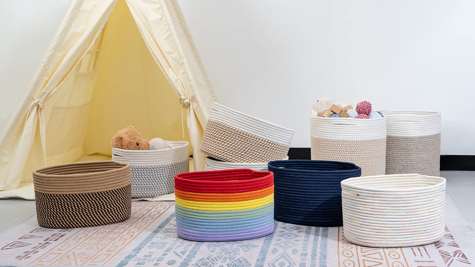 CubesLand 3-Piece Woven Rope Storage Basket Set - Skin-Friendly Cube Shelf Organizer Bins for Closet, Bedroom & Home Decor (Camel/Mixed Black) | Perfect for Toy Storage, Blanket Organization & Stylish Room Decor