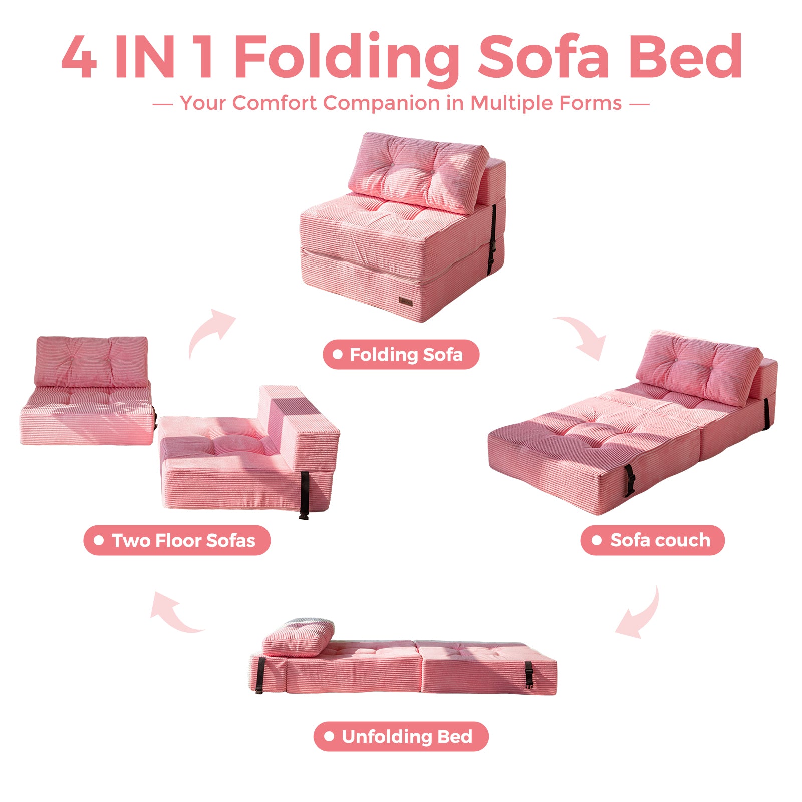 MAXYOYO Convertible Folding Sofa Bed - Comfortable High Density Support Foam for Living Room, Bedroom & Small Spaces (Pink) | Perfect for Guest Sleeping, Studio Apartments & Cozy Lounging