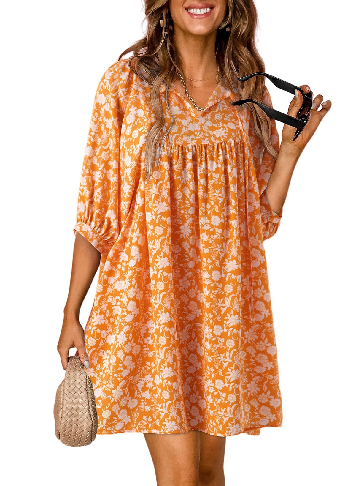 Dokotoo Women's Summer Dresses 2025 - Boho Floral Print Chiffon Mini Dress with V Neck & Lantern Sleeves | Beach Vacation Sundress, Casual Outfit for Pool Party & Summer Travel