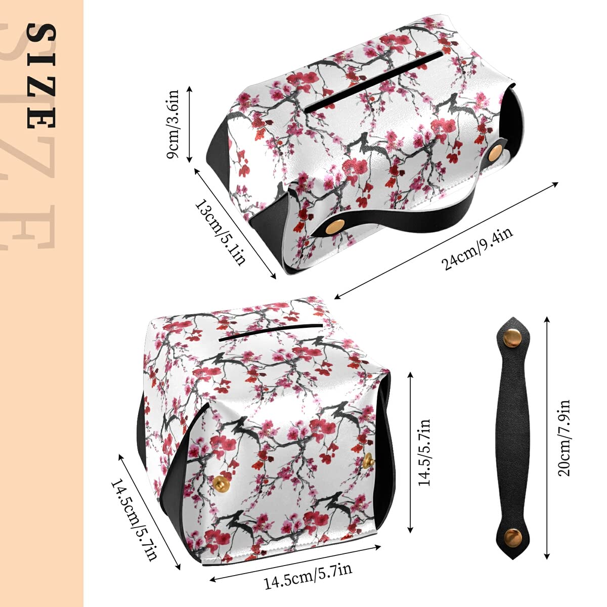Cherry Blossom Tissue Box Cover - Square PU Leather Napkin Organizer with Handle for Facial Tissues | Decorative Countertop & Nightstand Accessory for Home, Office, and Bathroom