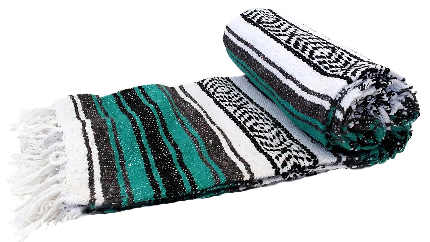 Authentic Mexican Serape Falsa Blanket - Handwoven Cotton Throw - Teal Blue Striped Design - Perfect for Beach, Picnic, Sofa & Home Decor
