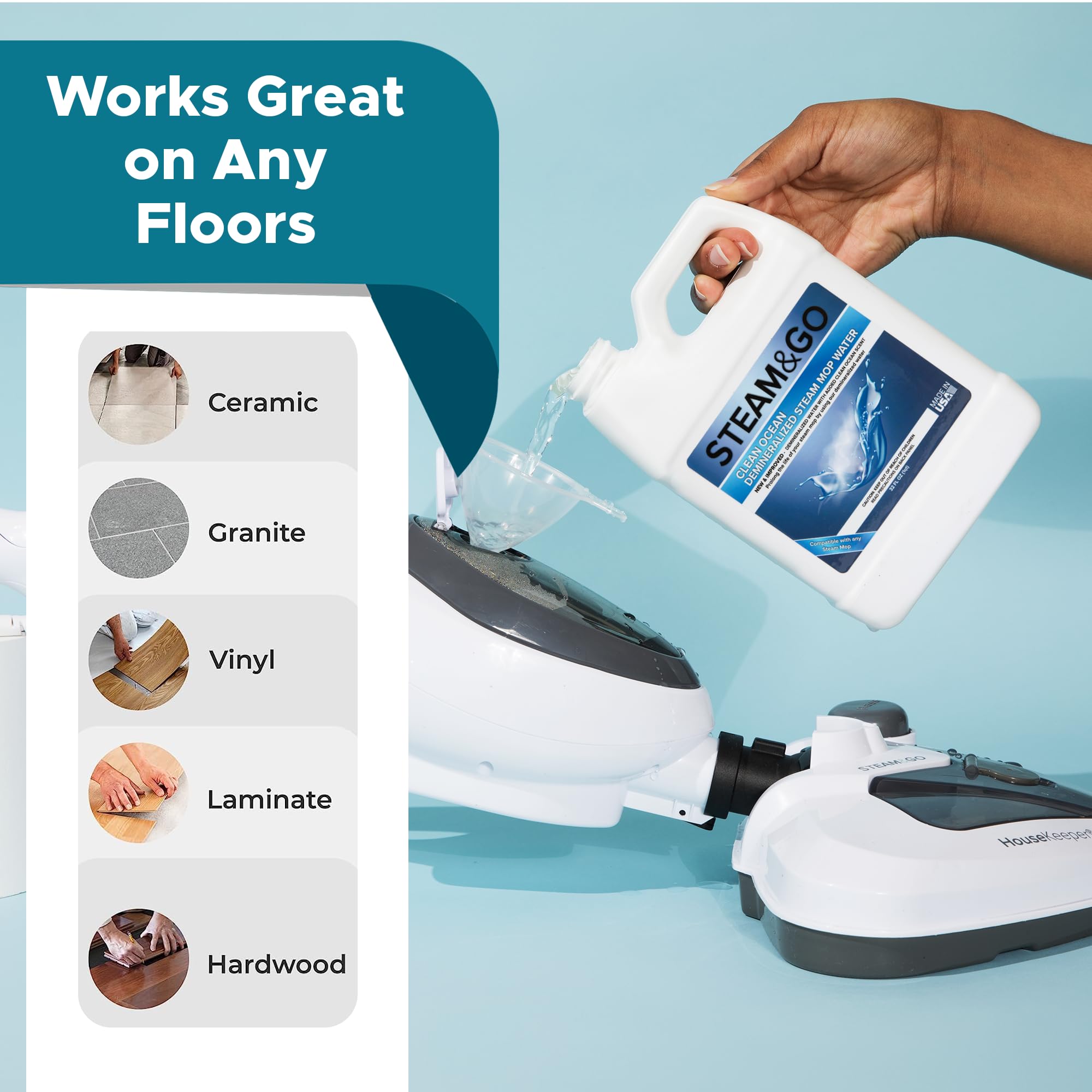 Steam & Go Demineralized Water for Steam Mops - PVC-Free Floor Cleaner Solution (32oz) | Compatible with All Steam Mops | Ready-to-Use Multi-Surface Cleaner | Ocean Scented | Perfect for Hardwood, Tile & Laminate Floors