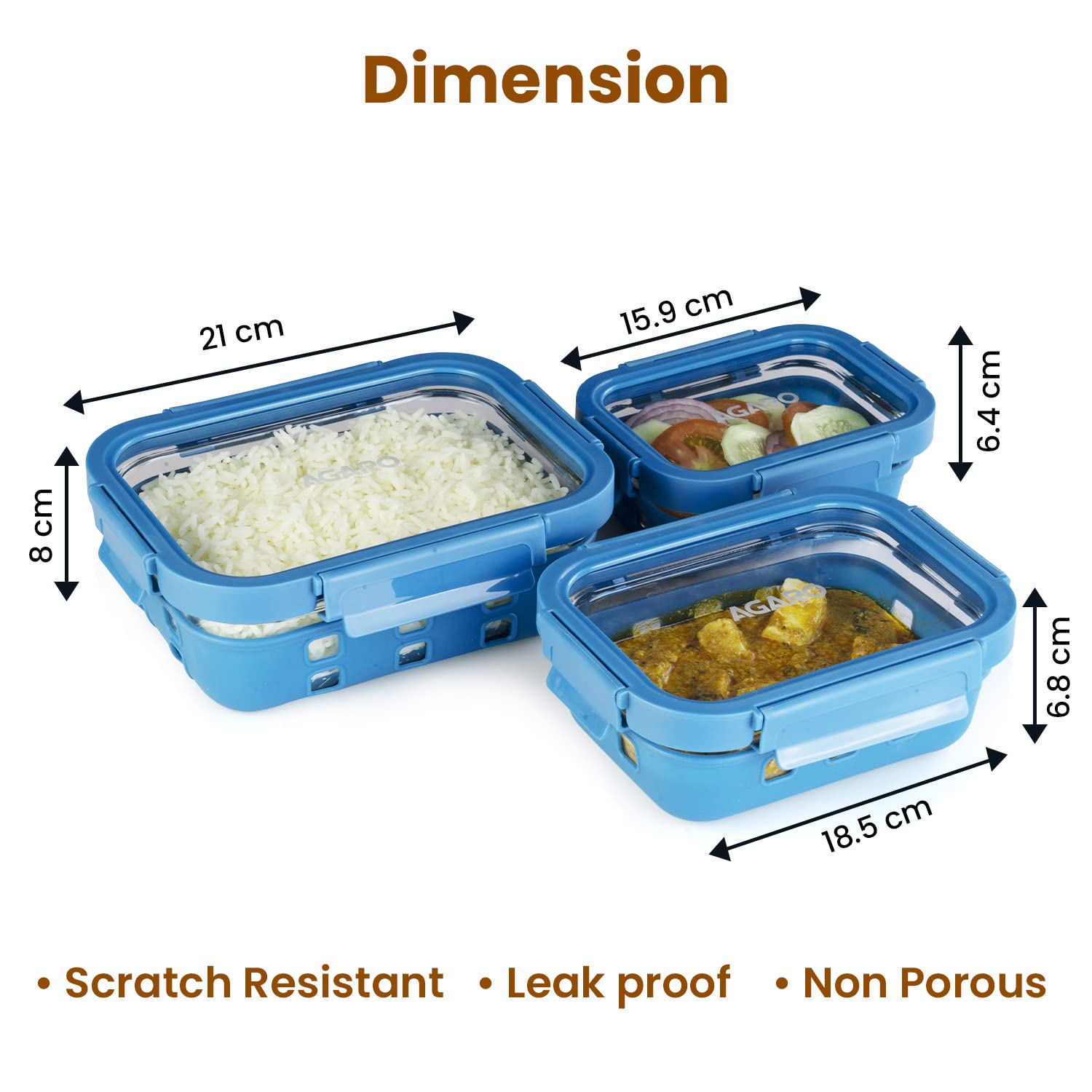 Premium Borosilicate Glass Food Storage Containers with Silicone Sleeves & Locking Lids - 3-Piece Set (370ml, 640ml, 1050ml) - Microwave, Oven & Freezer Safe - Rectangle Transparent & Blue - Perfect for Meal Prep, Leftovers & Kitchen Organization