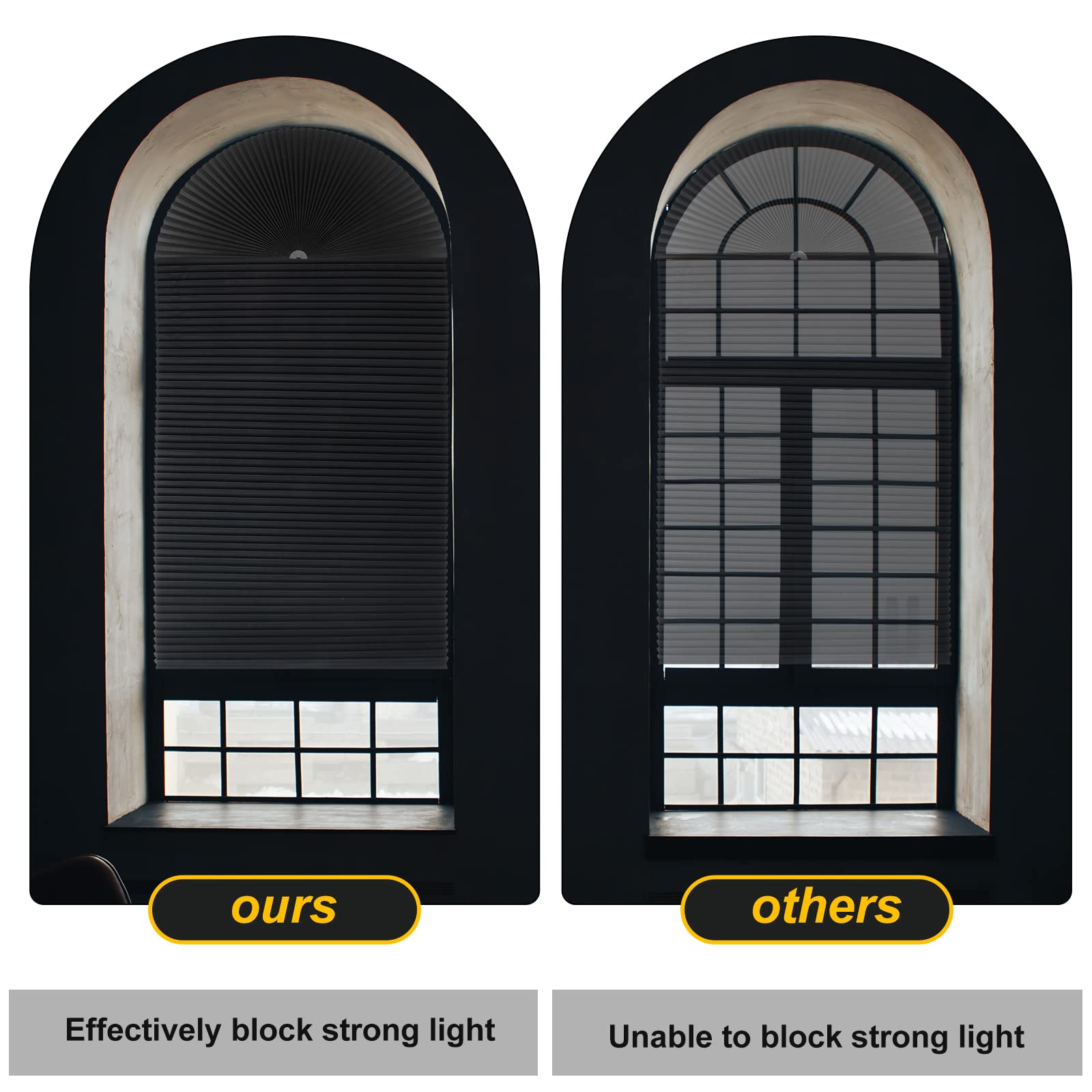 Macarrie 4 Pack Arch Window Pleated Blinds - Light Filtering & Blackout Half Circle Shades for Arched Windows - Easy to Cut & Install, 72 x 36 Inch (Black) - Perfect for Living Rooms, Bedrooms & Home Offices