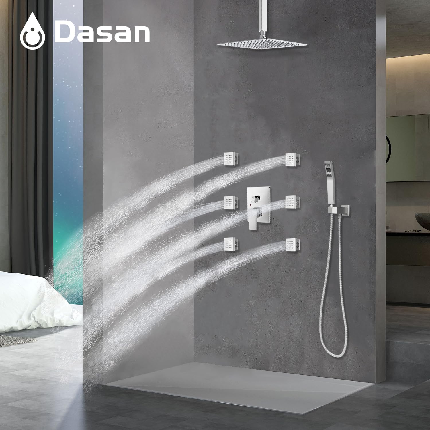 Premium DASAN 6-Piece Body Spray Jets & 12'' Rain Shower Head with Handheld - Complete Ceiling Mount Shower System in Polished Chrome (Includes Valve) - Perfect for Luxury Bathrooms & Spa-Like Experience - Model SA-SS03ACH-S12C
