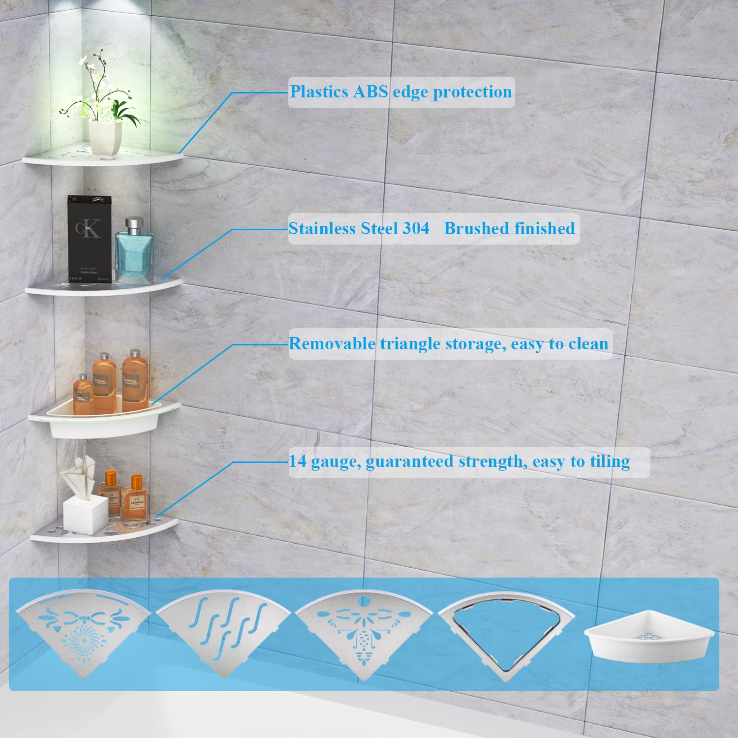 Large Corner Shower Shelf - Stainless Steel 304 Triangle Shower Niche 14X60 with 4 Shelves | Ready to Tile | Perfect for Bathroom Organization & Space Saving