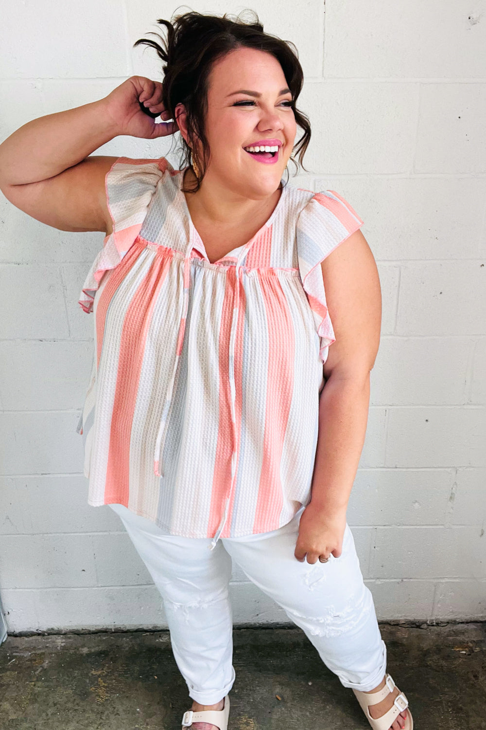 Coral & Light Blue Striped Waffle Knit Tie Neck Blouse - Women's Casual Summer Tops for Beach, Vacation & Date Night Outfits