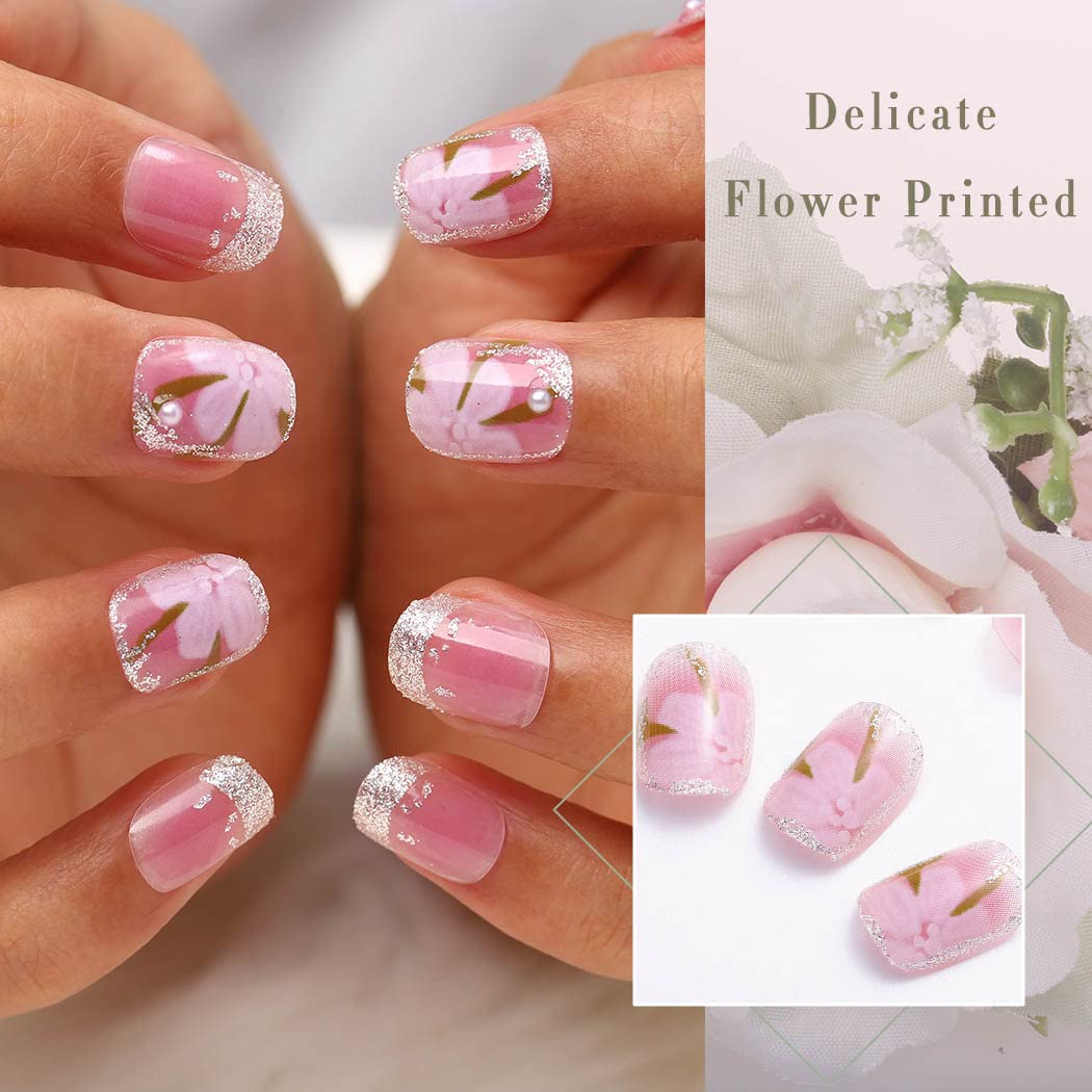 24pcs Uranian Square Press on Nails - Short French Fake Nails with Pearls & Flower Design, Glossy Pink False Nails with Bling Glitter - Full Cover Acrylic Nails Tips for Women & Girls (Flower Pink) | Perfect for Parties, Weddings, Date Nights & Special Occasions