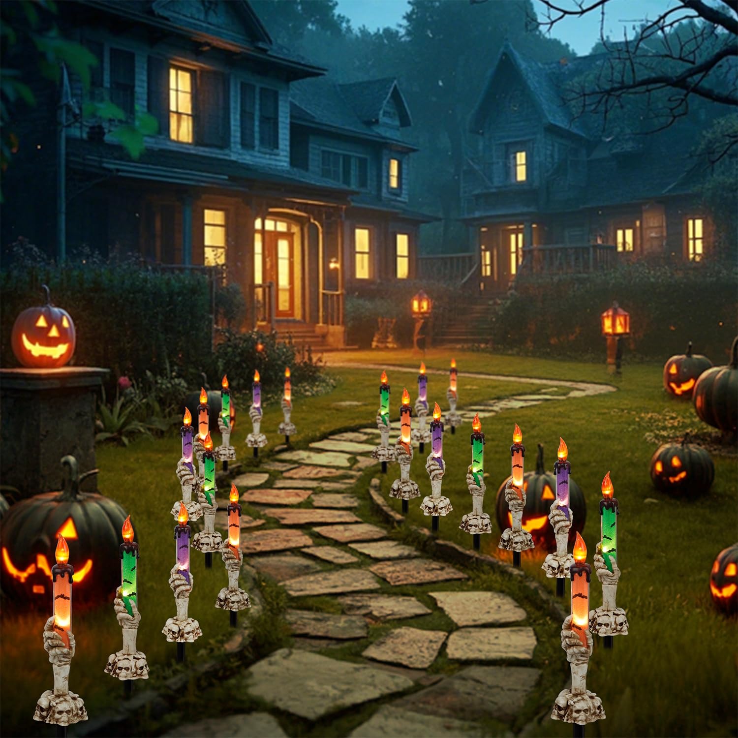WaterGlide Halloween Candle Light Stakes - 5 Pack Skeleton Hand Pathway Markers with LED Candles | Waterproof Battery-Operated Outdoor Decor with Timer | Perfect for Halloween Yard, Garden, Party & Holiday Decorations