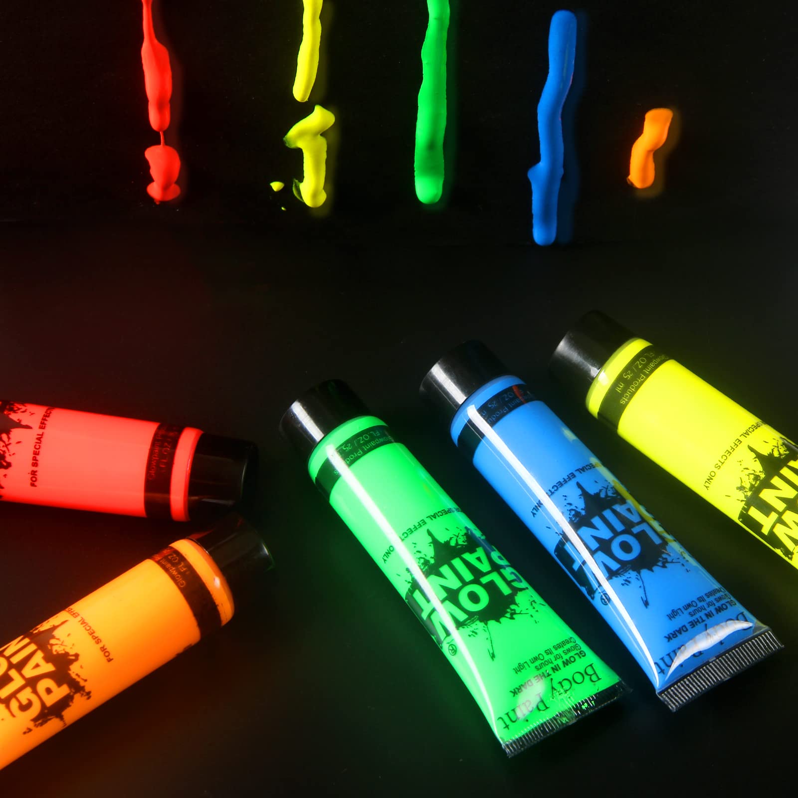 Glow in Dark Face & Body Paint - UV Blacklight Neon Fluorescent Paint - Washable & Non-Toxic - 6 Colors (25ml/0.85oz Each) - Perfect for Halloween, Parties, Raves & Festivals