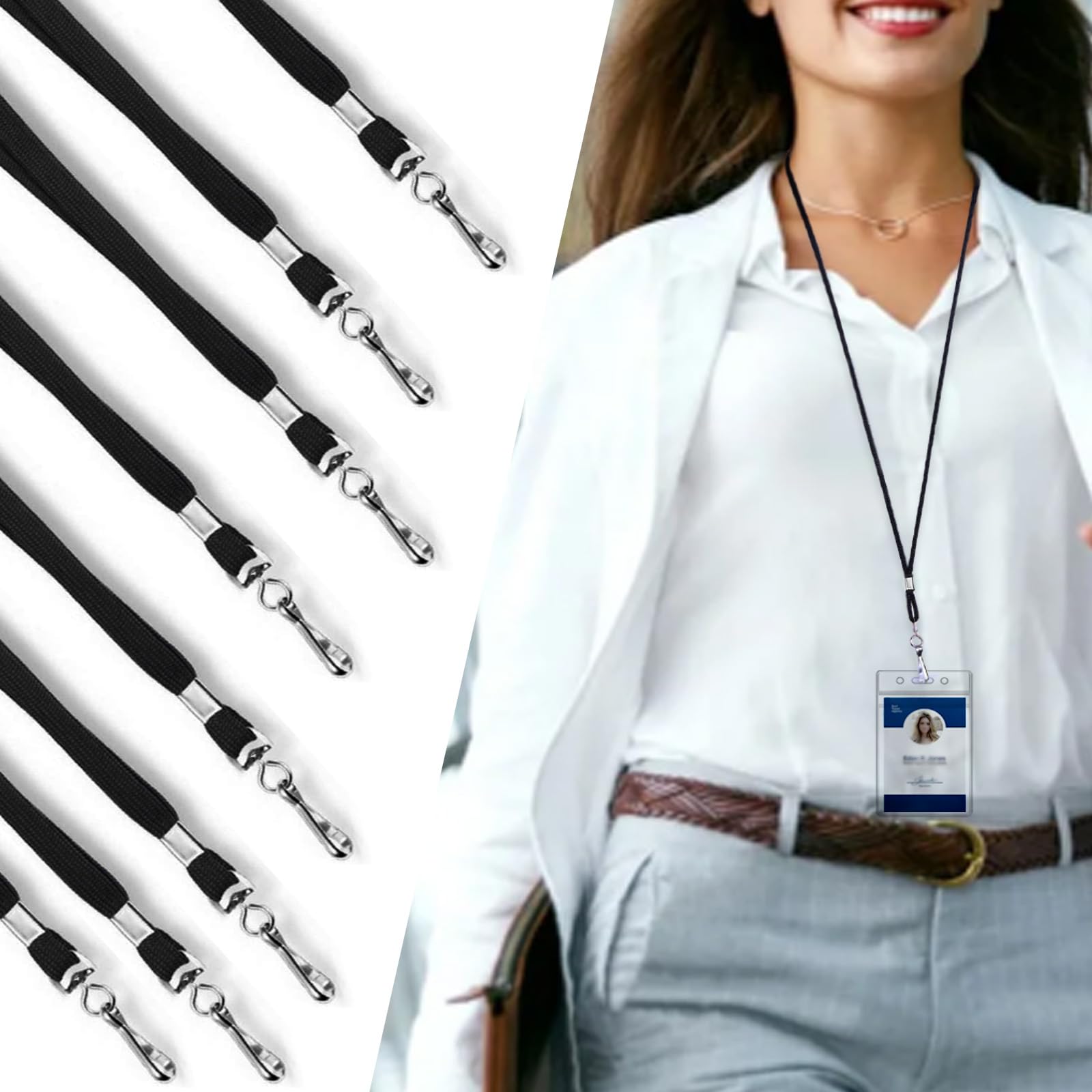 HOSL 100 Pack Badge Lanyards with Swivel Hook - Office, ID & Business Cards - Wide Black for Work & School