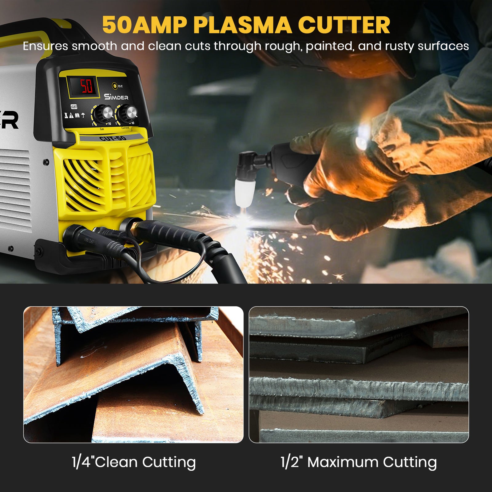 SSimder CUT 50 Plasma Cutter - 50 Amp Digital Inverter Plasma Cutting Machine for Metal, Steel, Iron | Portable & Lightweight | Ideal for DIY, Automotive Repair, Metal Fabrication & Industrial Use