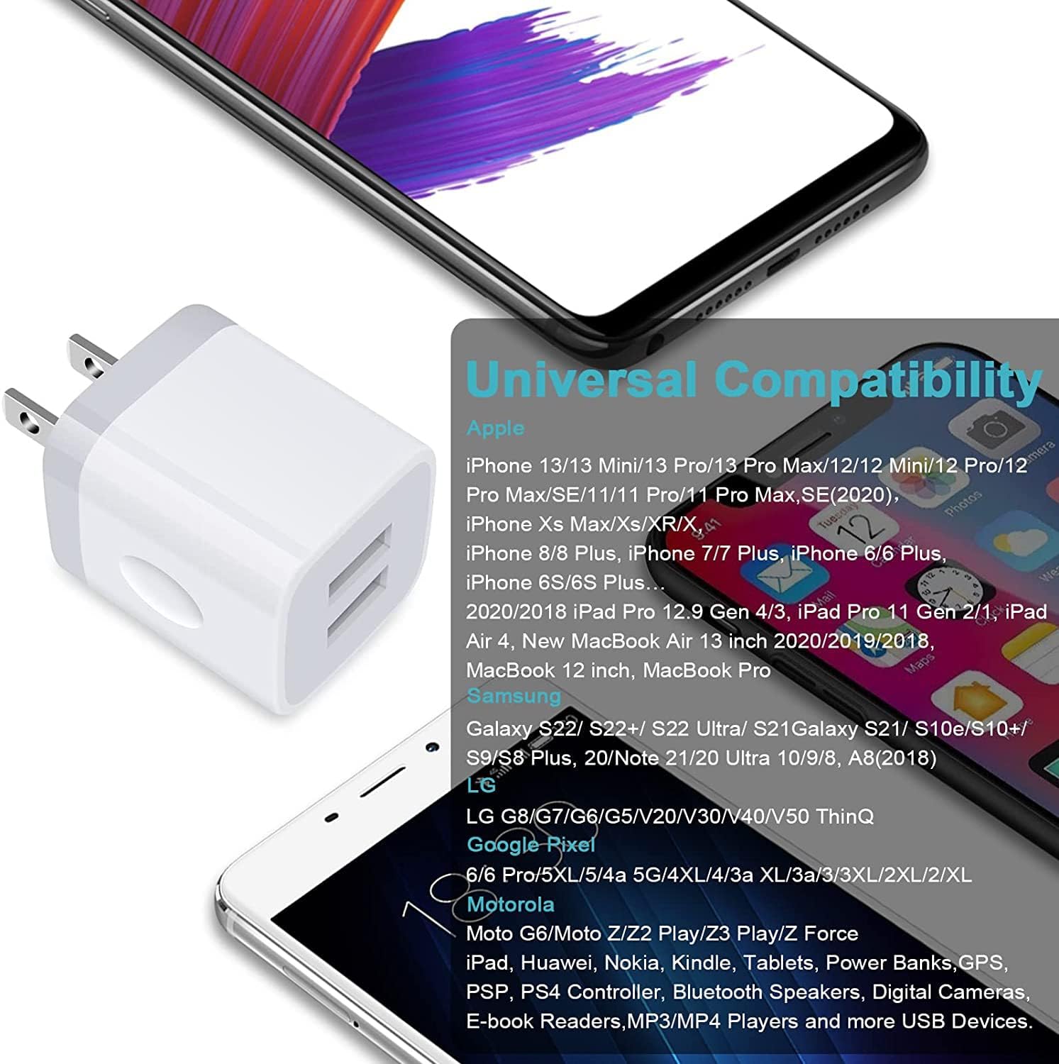 Fast Charging USB Wall Charger Block - Dual Port 2.1A Power Adapter Cube for iPhone 16/15/14/13/12/11 Pro Max/XS/XR/X/8/7/6 & Samsung Galaxy S25 Ultra/A16 (3-Pack) - Perfect for Home, Office & Travel Charging Needs