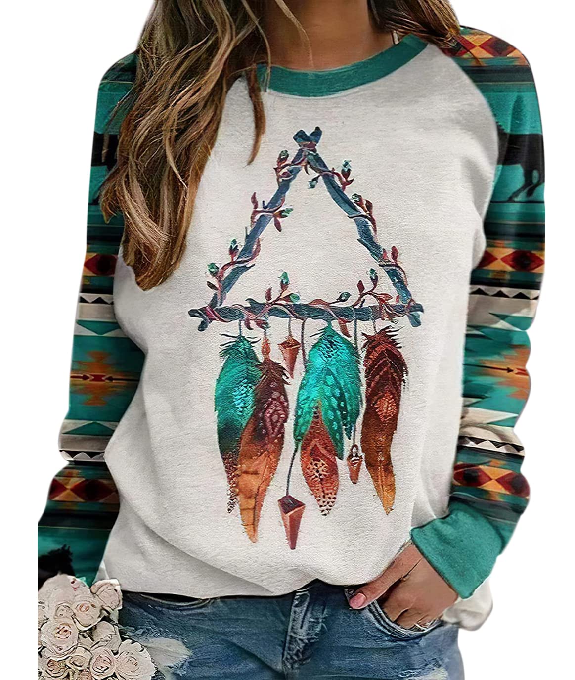 Lafolie Women's Western Aztec Print Crewneck Sweatshirt - Long Sleeve Ethnic Style Casual Top for Fall & Winter | Perfect for Boho Outfits, Music Festivals and Western Fashion