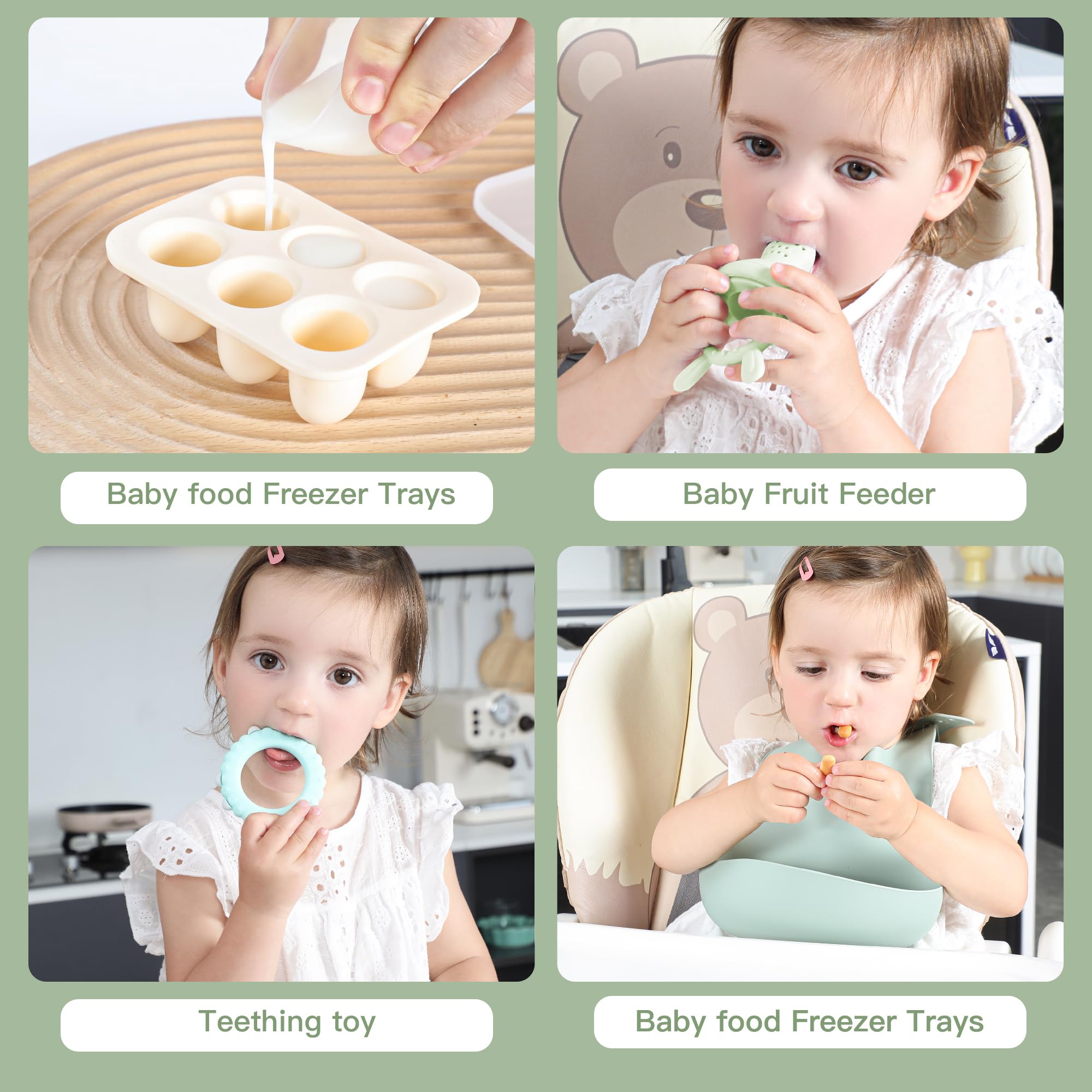 Organic Baby Feeding Set - BPA-Free Silicone Fruit Feeder, Breast Milk Popsicle Molds & Teething Toys with Washable Bibs | Dishwasher Safe for Easy Cleaning | Perfect for New Foods Introduction, Teething Relief & Mess-Free Mealtime