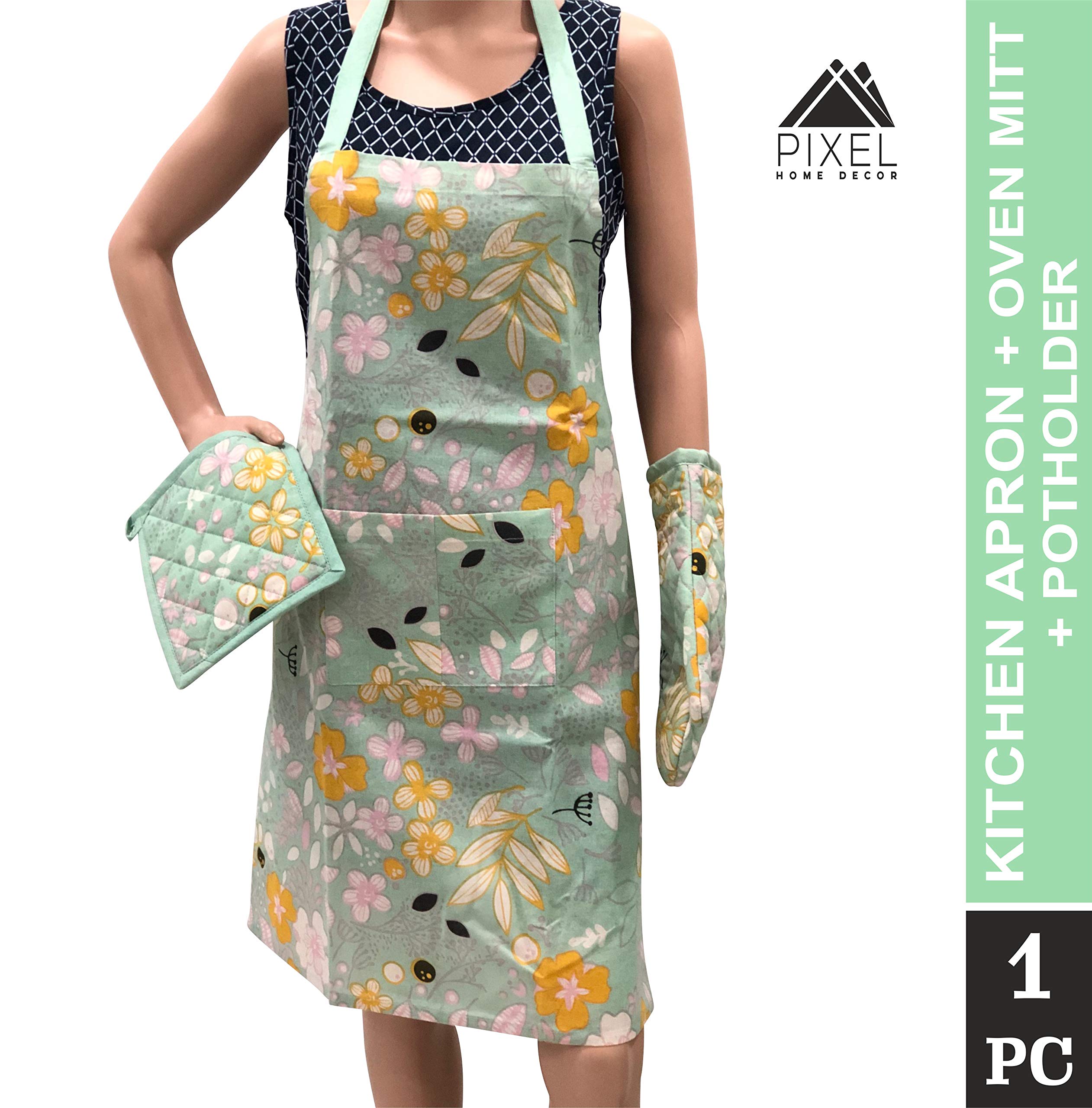 Organic Cotton Floral Print Apron Set with Oven Mitt & Pot Holder - Green | Kitchen Cooking Baking BBQ Accessories for Women & Men | Perfect for Home, Restaurant & Outdoor Grilling