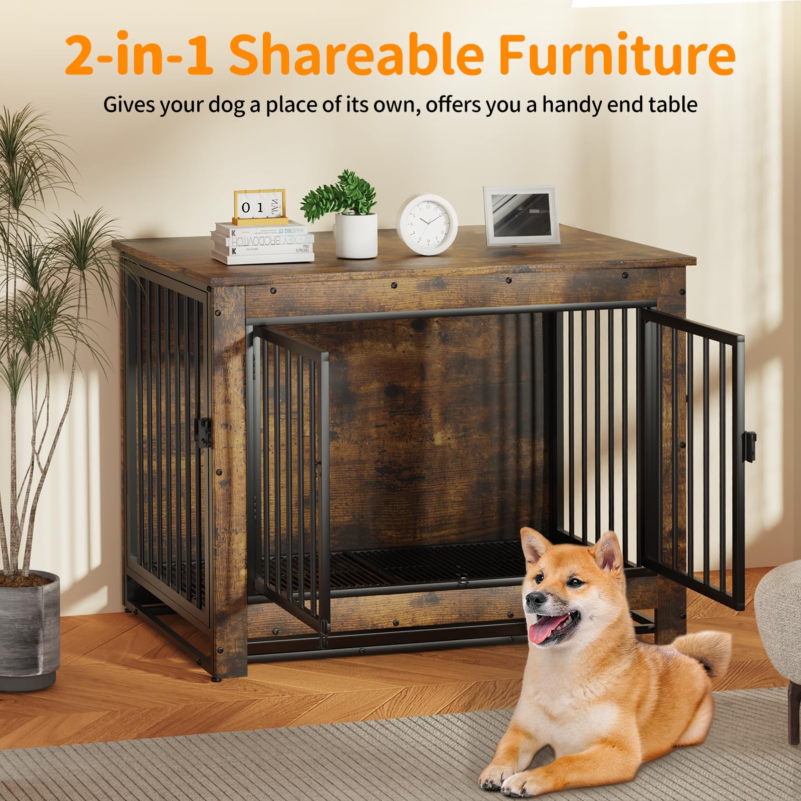 Modern Wooden Dog Crate Furniture - End Table Kennel for Medium & Large Dogs | Indoor Pet Cage with Removable Tray & Double Doors | Perfect for Living Room, Bedroom, or Home Office Decor