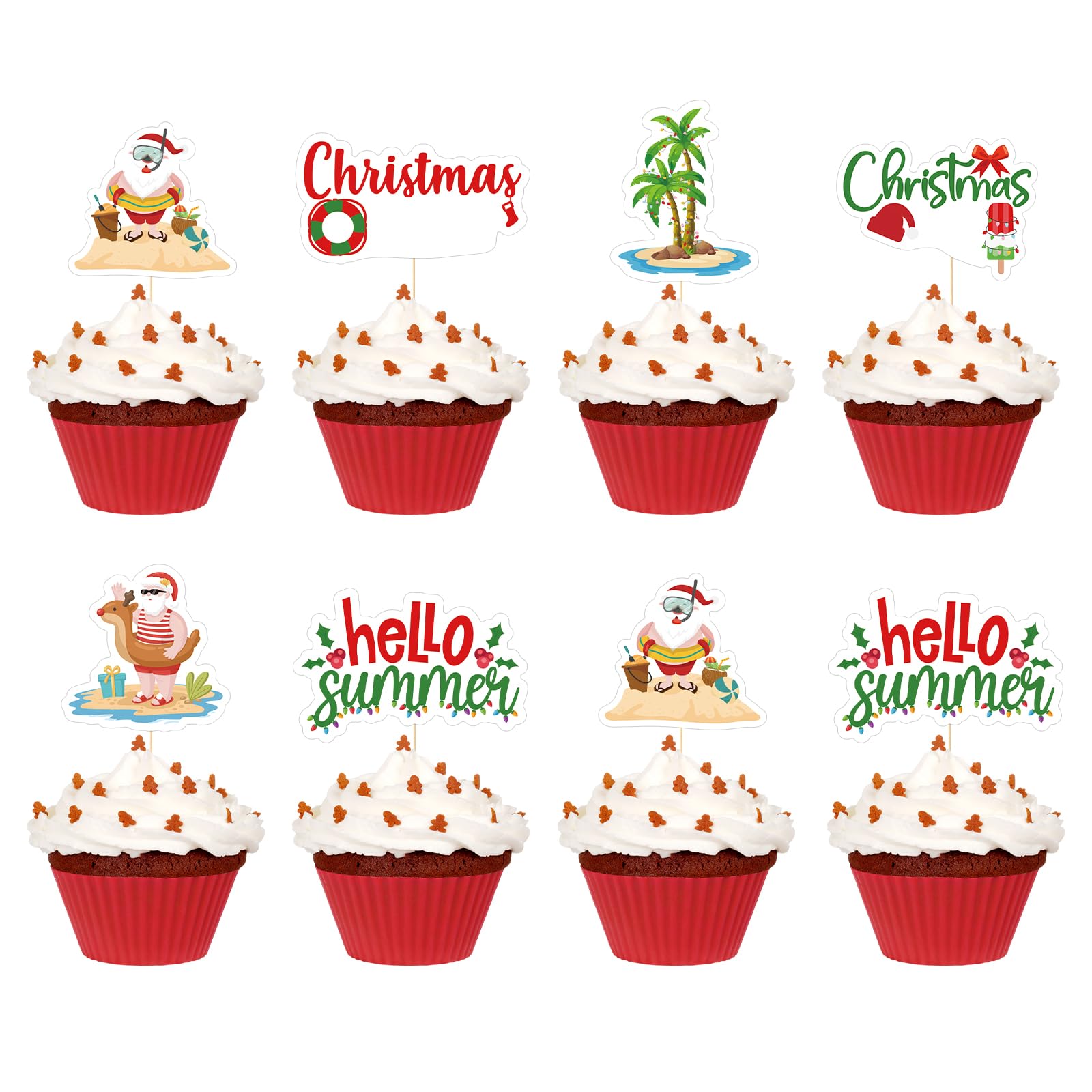 GXSOVSO 24Pcs Summer Christmas Cupcake Toppers - Beach, Luau & Pool Party Decorations | Perfect for Summer BBQs, Holiday Baking & Tropical Themed Celebrations