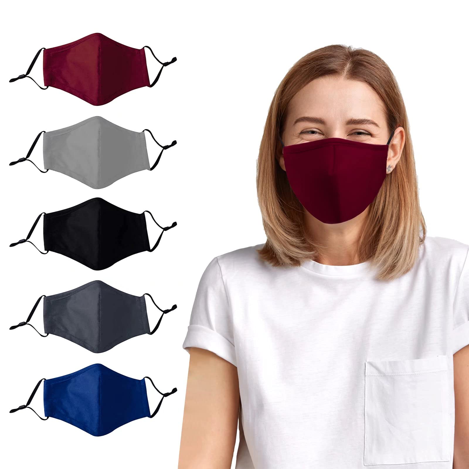 Reusable 3-Layer Washable Cloth Face Masks with Adjustable Ear Loops & Nose Wire - Breathable Cotton Safety Masks for Adults (5 Pack) - Perfect for Daily Commute, Shopping & Outdoor Activities
