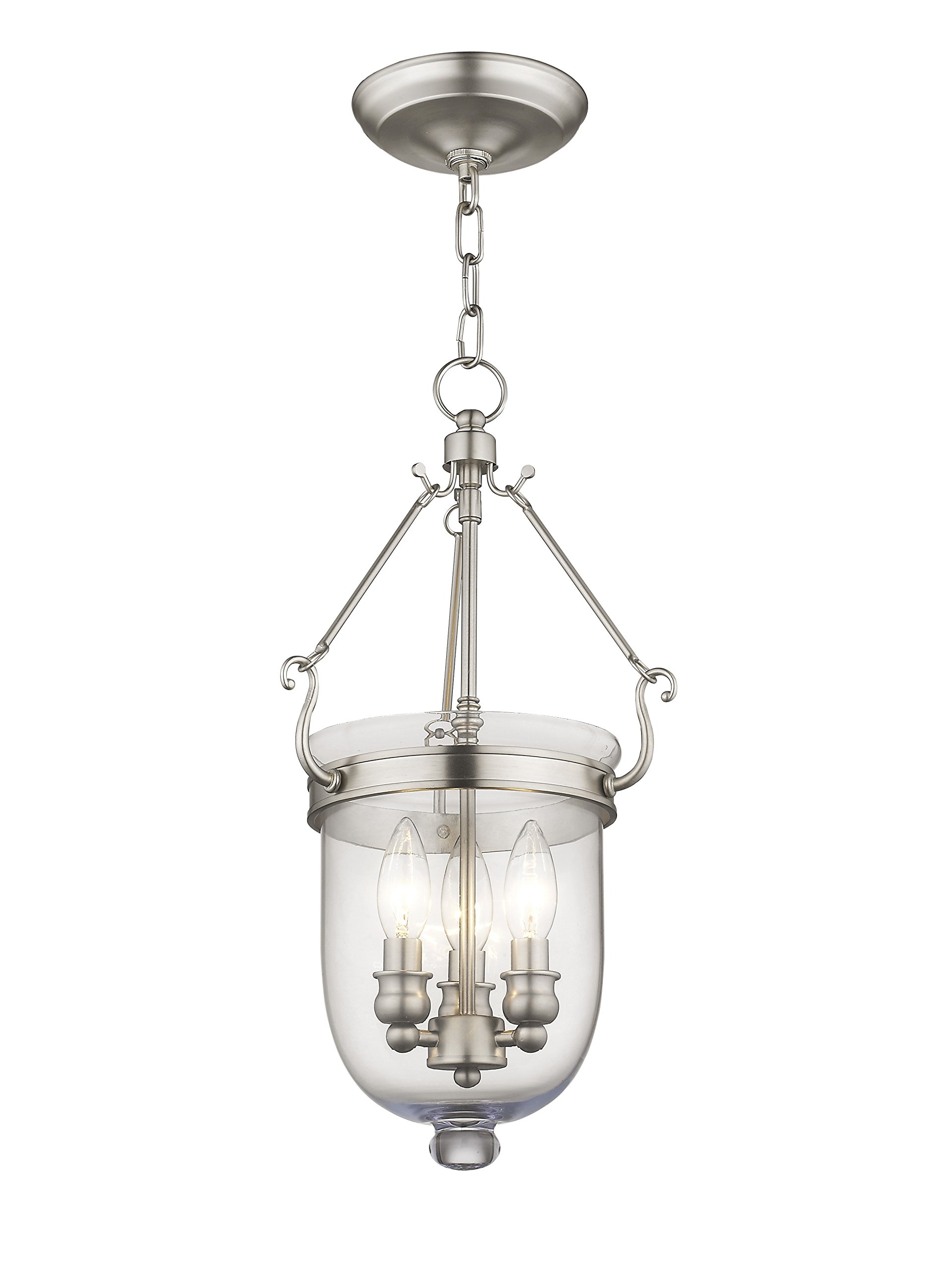 Livex Lighting Jefferson 3-Light Brushed Nickel Bell Jar Hanging Lantern with Clear Glass - Perfect for Entryway, Dining Room, or Patio Lighting