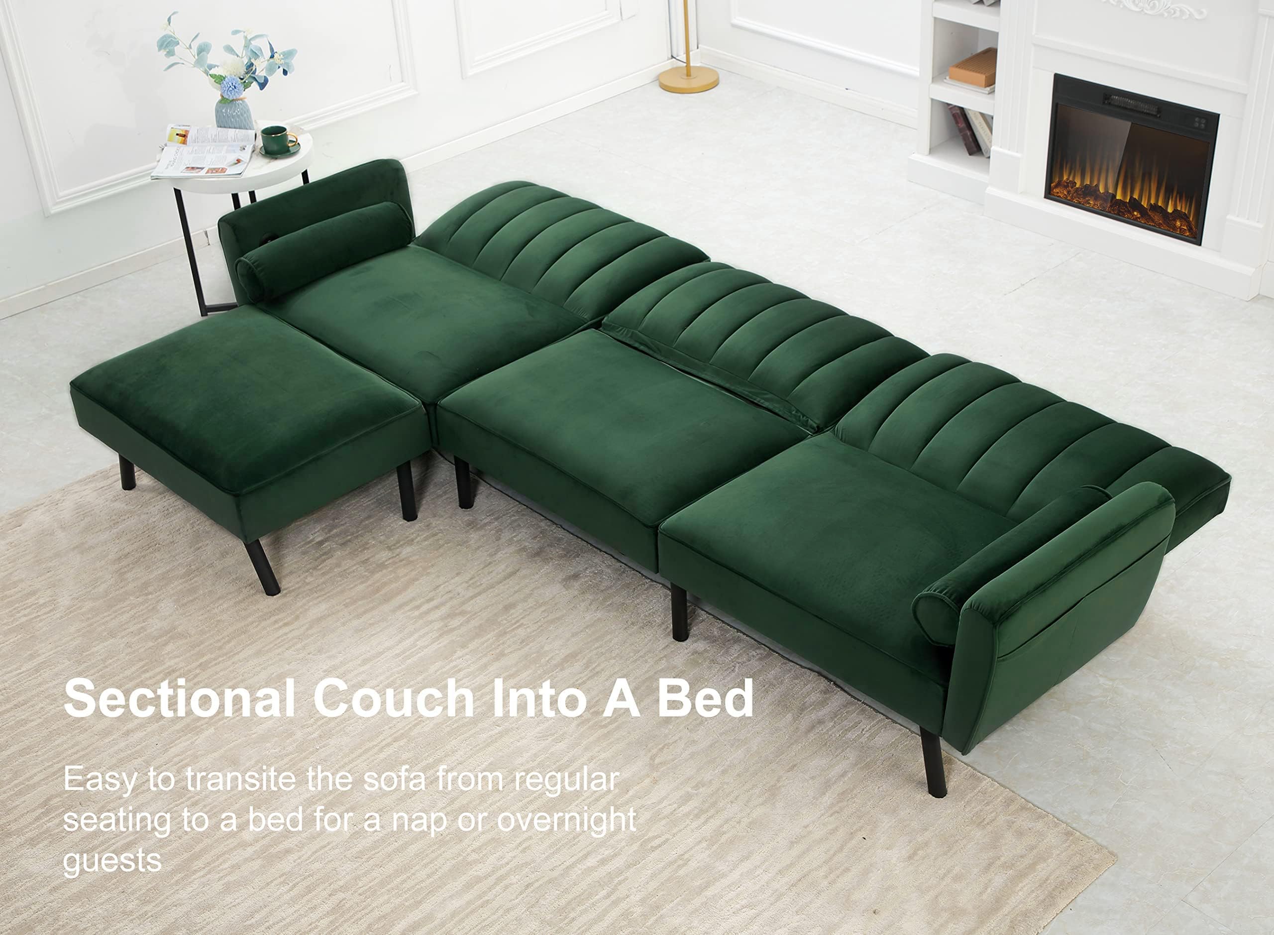 DURASPACE Velvet Convertible Sectional Sofa with Chaise & USB Ports, 106.5