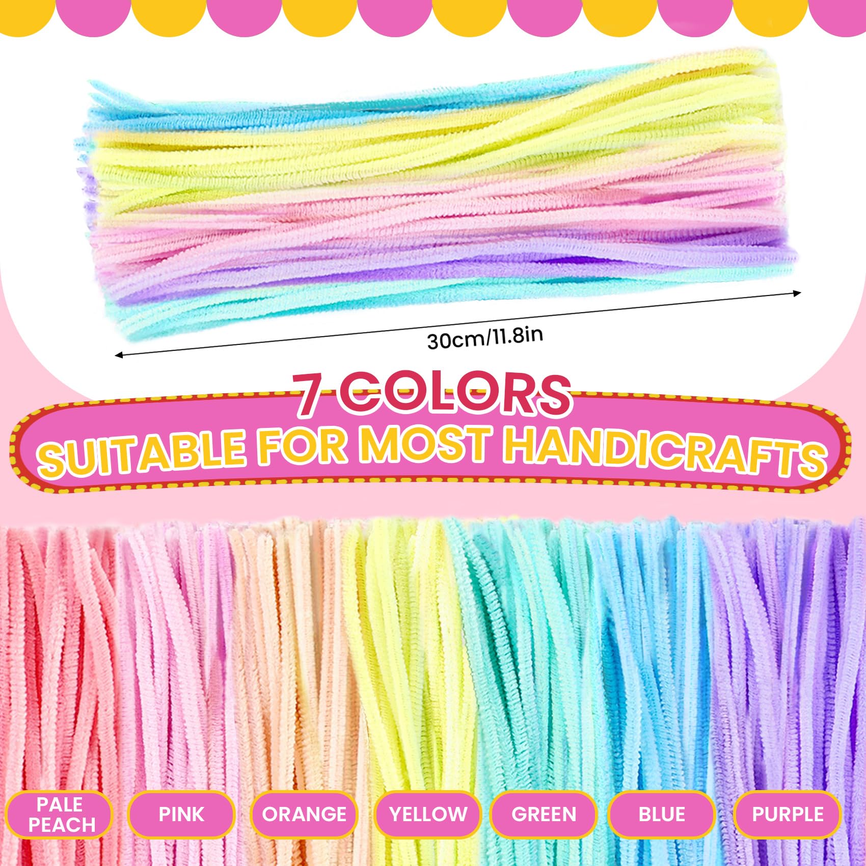 300Pcs Pipe Cleaners Chenille Stems - Bulk DIY Craft Supplies for Kids, Arts & Crafts Projects - 7 Macaron Colors - Perfect for Classroom, Party Favors & STEM Activities