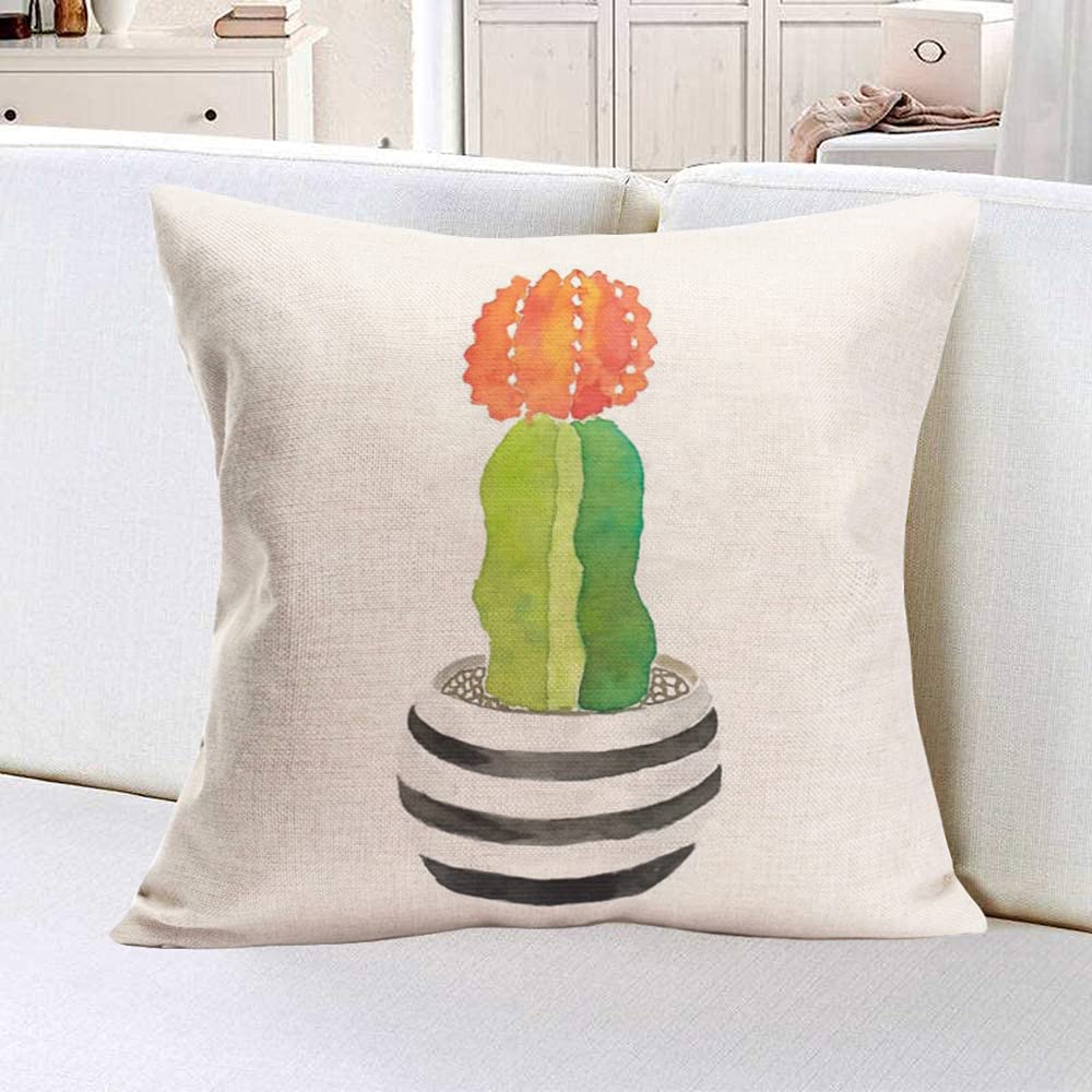 Xihomeli 18x18 Inch Green Cactus Throw Pillow Cover - Hand-Painted Cartoon Succulent Design with Orange Flower, Cotton Linen Decorative Cushion Case (Stripe Pot) - Perfect for Living Room Sofa, Bedroom Decor and Boho Home Accents