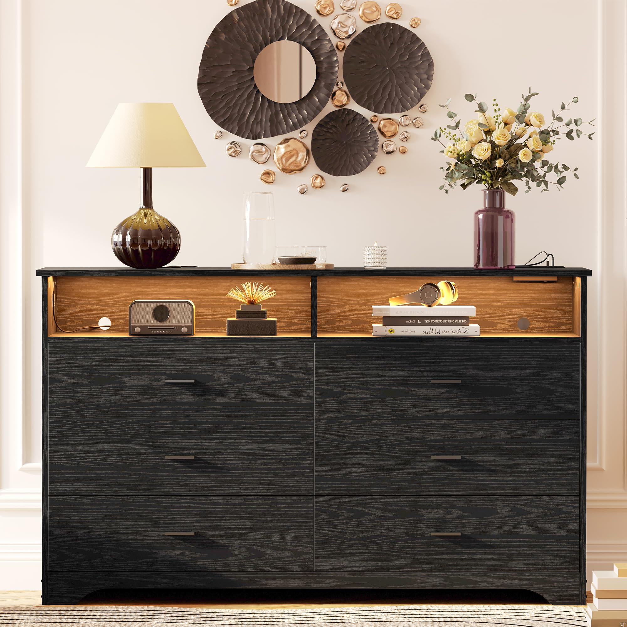 LIKIMIO 6-Drawer 59-Inch Black Dresser with LED Lights & Built-in Power Outlet - Modern Bedroom Storage Cabinet with Ample Space for Clothes, Accessories | Perfect for Master Bedroom, Guest Room & Dorm Organization