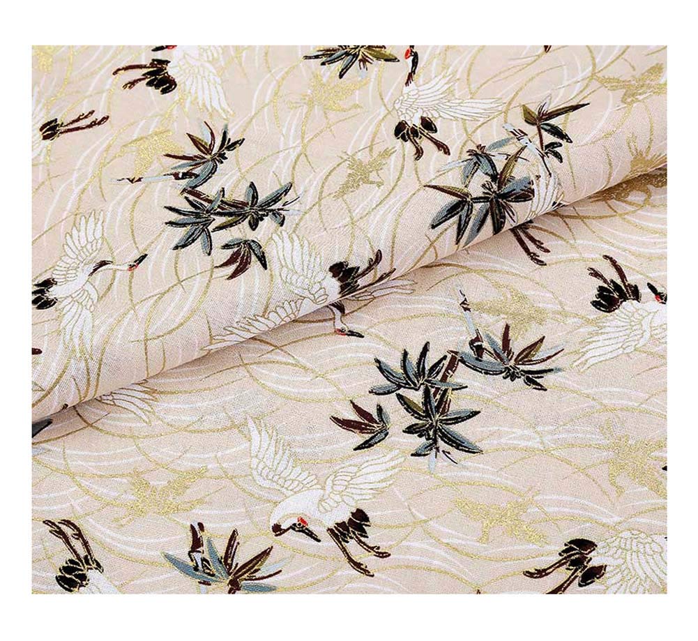 DRAGON SONIC Beige Japanese Style Bronzing Fabric - DIY Handmade Craft Cloth for Apparel, Crane Embroidery | Perfect for Kimono Making, Scarf Sewing & Home Decor Projects