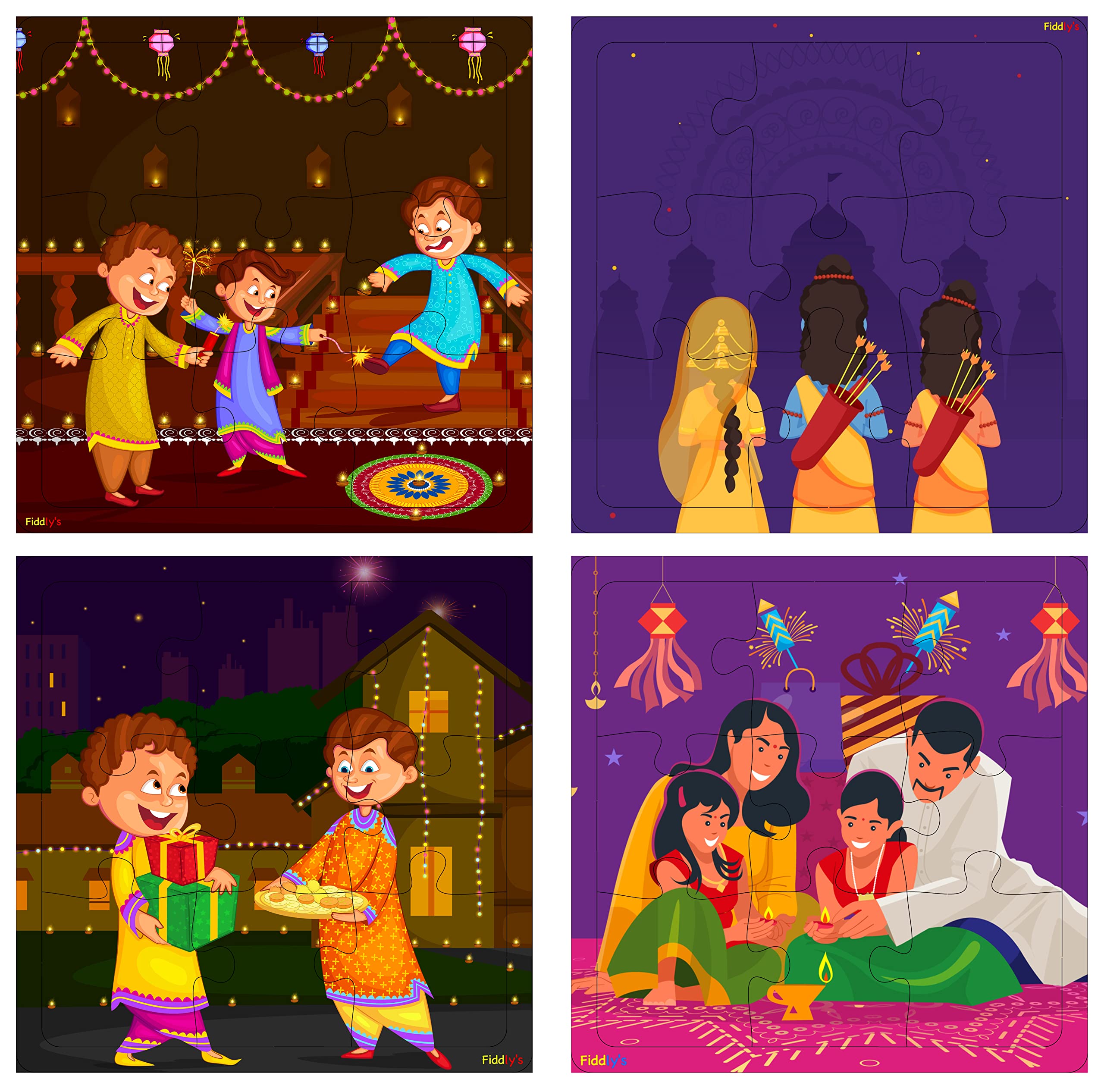 Fiddlys Wooden Jigsaw Puzzles for Kids Ages 3+ - 9 Piece Educational Puzzle Set (Pack of 4) - Perfect for Diwali Gifts, Birthday Presents & Early Learning Activities