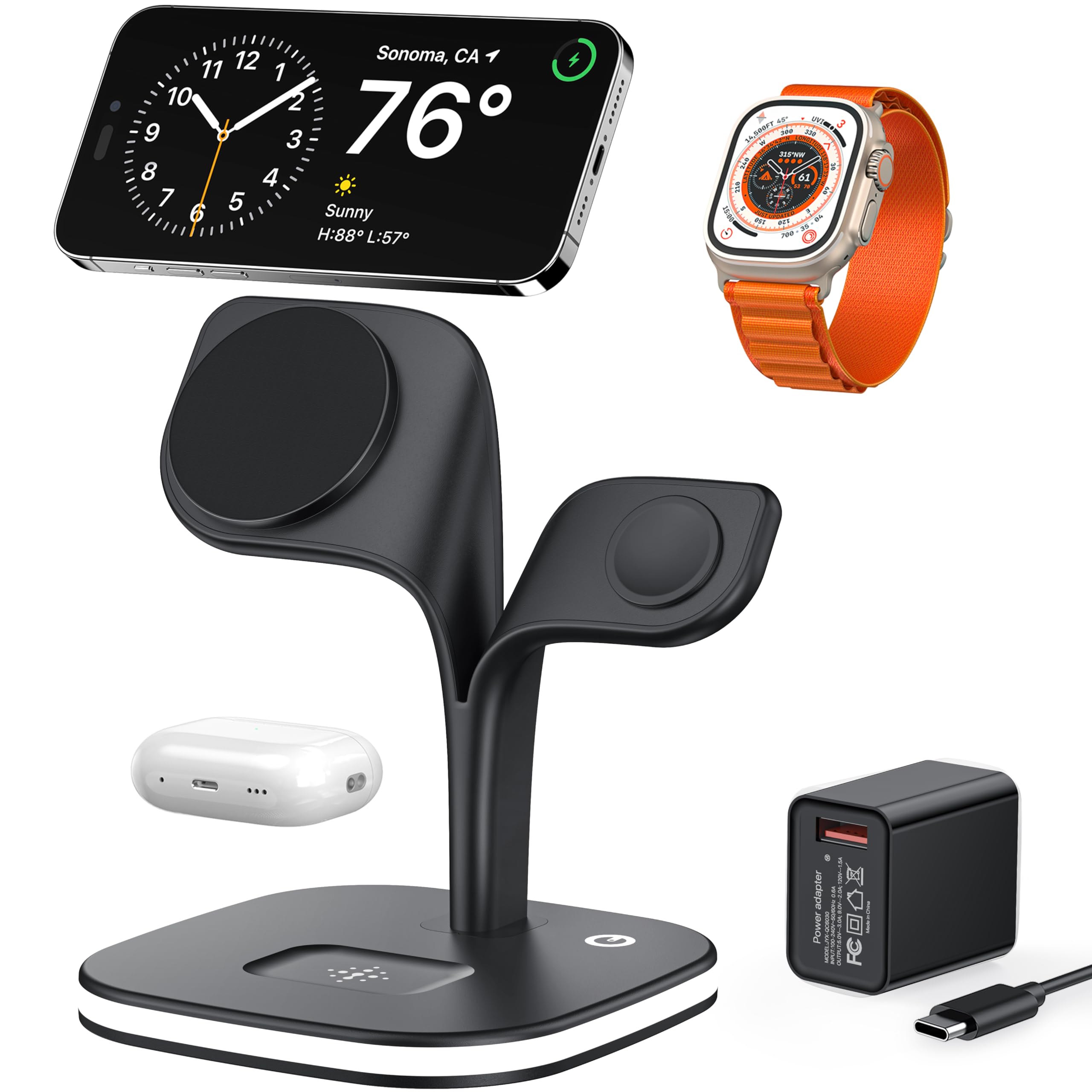 EXW 3-in-1 Wireless Charging Station for iPhone 16/15/14/13/12 Series, Apple Watch Series 1-9 & AirPods | Magsafe Compatible Fast Charger with LED Indicator | Multi-Device Charging Stand for Home, Office & Travel (Black)