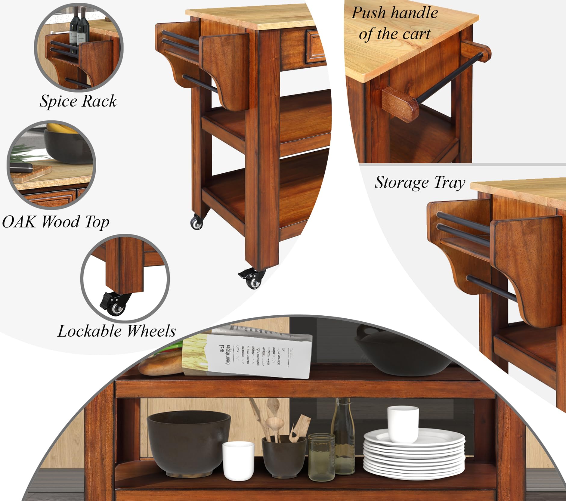 57 Inch Solid Oak Wood Kitchen Island Cart with 2 Drawers & Storage Shelves - Rolling Kitchen Cart with Wine Rack & Spice Organizer - Perfect for Small Kitchens, Dining Rooms & Home Bars (Walnut Finish)